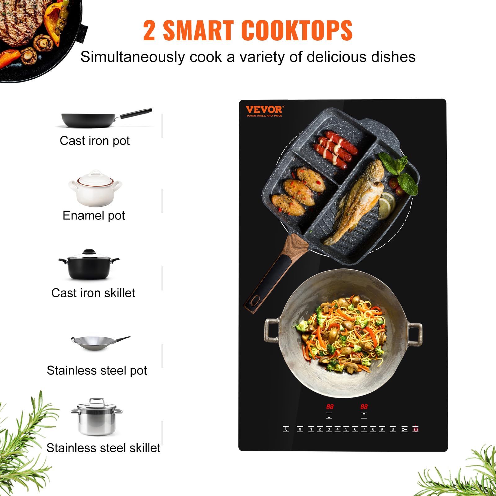 Vevor Built-In Induction Electric Stove Top 12 Inch,2 Burners Electric Cooktop,9 Power Levels & Sensor Touch Control,Easy To Cle