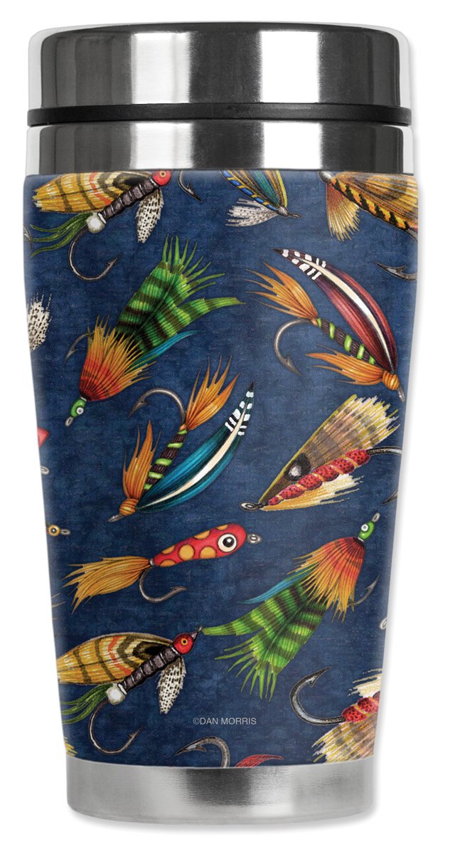 Mugzie Fly Fishing Lures Travel Mug With Insulated Wetsuit Cover, 16 Oz, Black