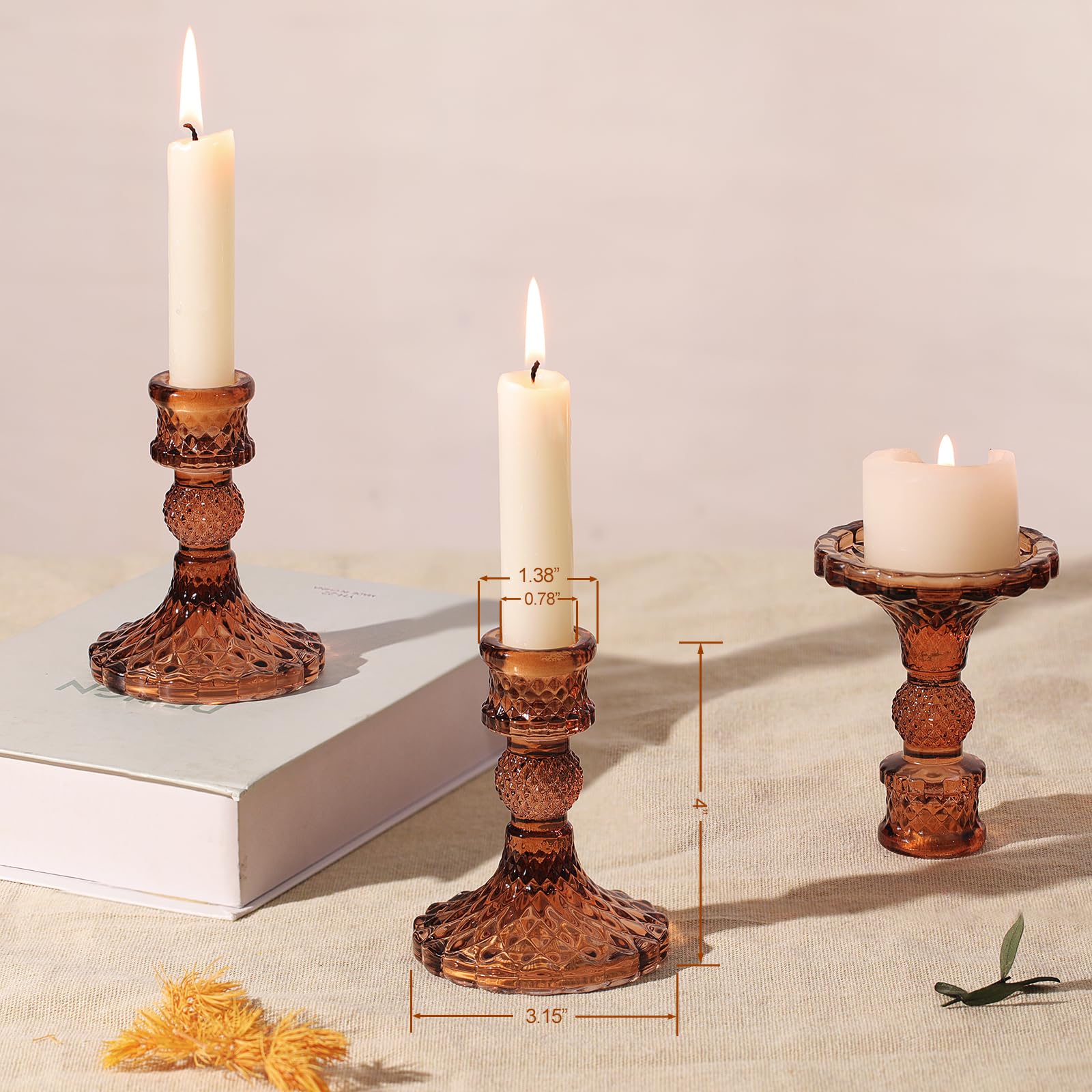 12Pcs Amber Candlestick Holders Set- 4 H Taper Candle Holders Bulk, Glass Candle Holders for Wedding, Party, Fall Dinner Table C