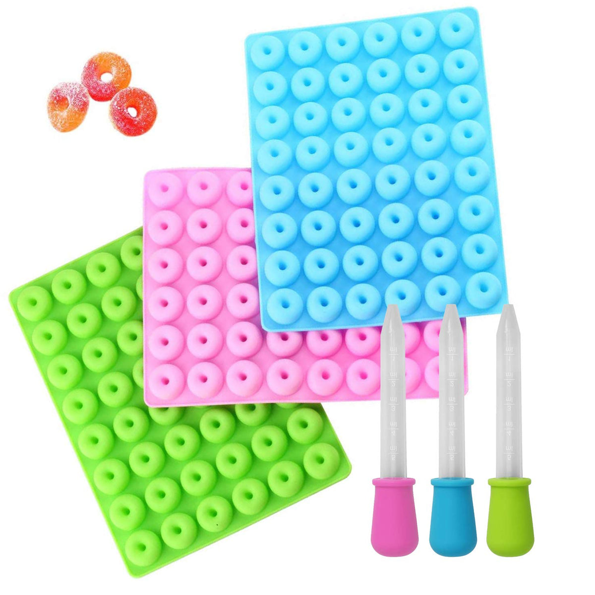 3 Pack Mini Donut Silicone Mold,Liudhpsp Food Grade Silicone Candy Chocolate Jelly Molds With 3 Droppers(Blue,Green,Pink)