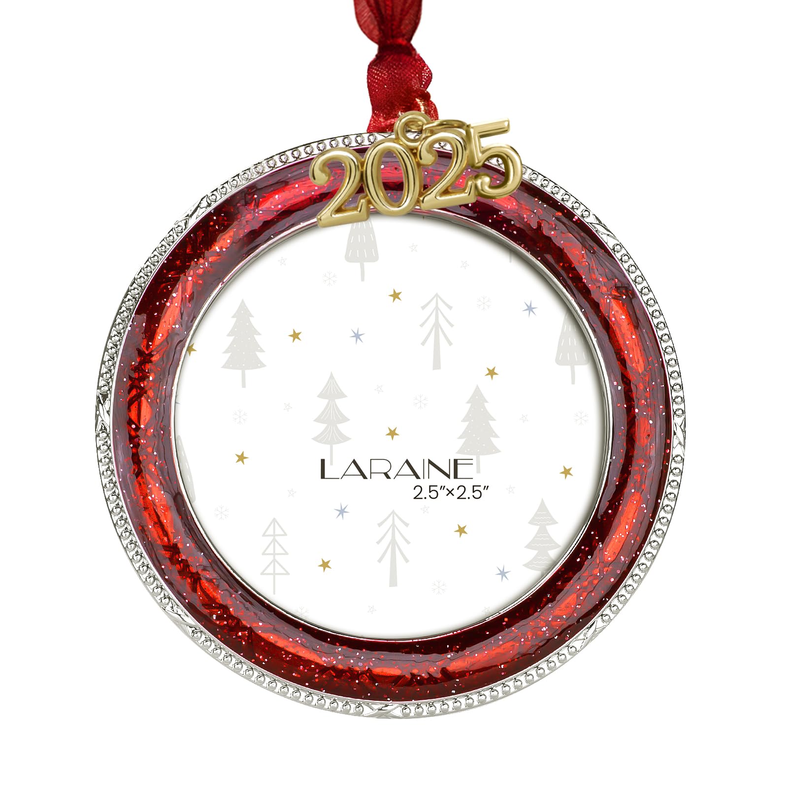 Laraine Christmas Tree Ornaments - Decorative Hanging 2025 Holiday Keepsake Gift Round Pendant with 2.5    Photo Frame Insert fo