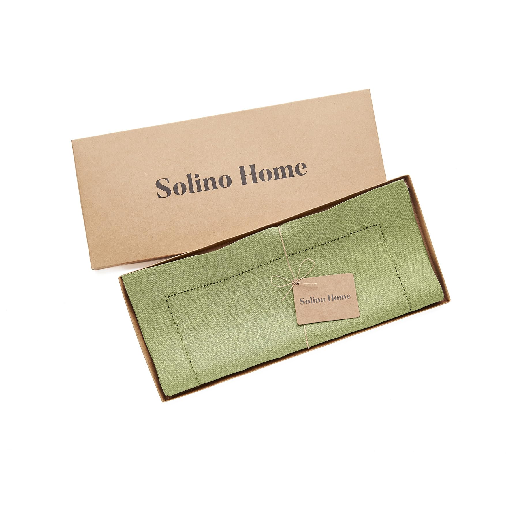 Solino Home Linen Moss Green Table Runner 60 Inch - 100% Pure Linen Classic Hemstitch Short Table Runner 14 X 60 Inch Ideal For