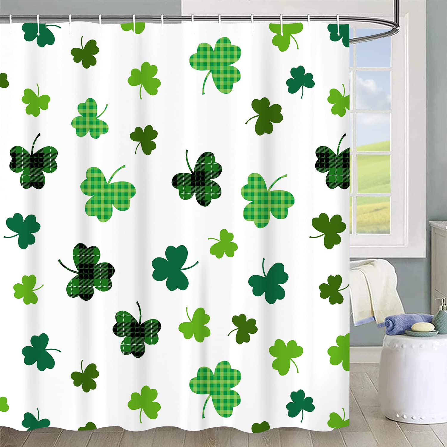 Jbralid Happy St Patrick'S Day Clover Shower Curtains Green Shamrock Farmhouse Waterproof Bathroom Shower Curtain For Bathtub De