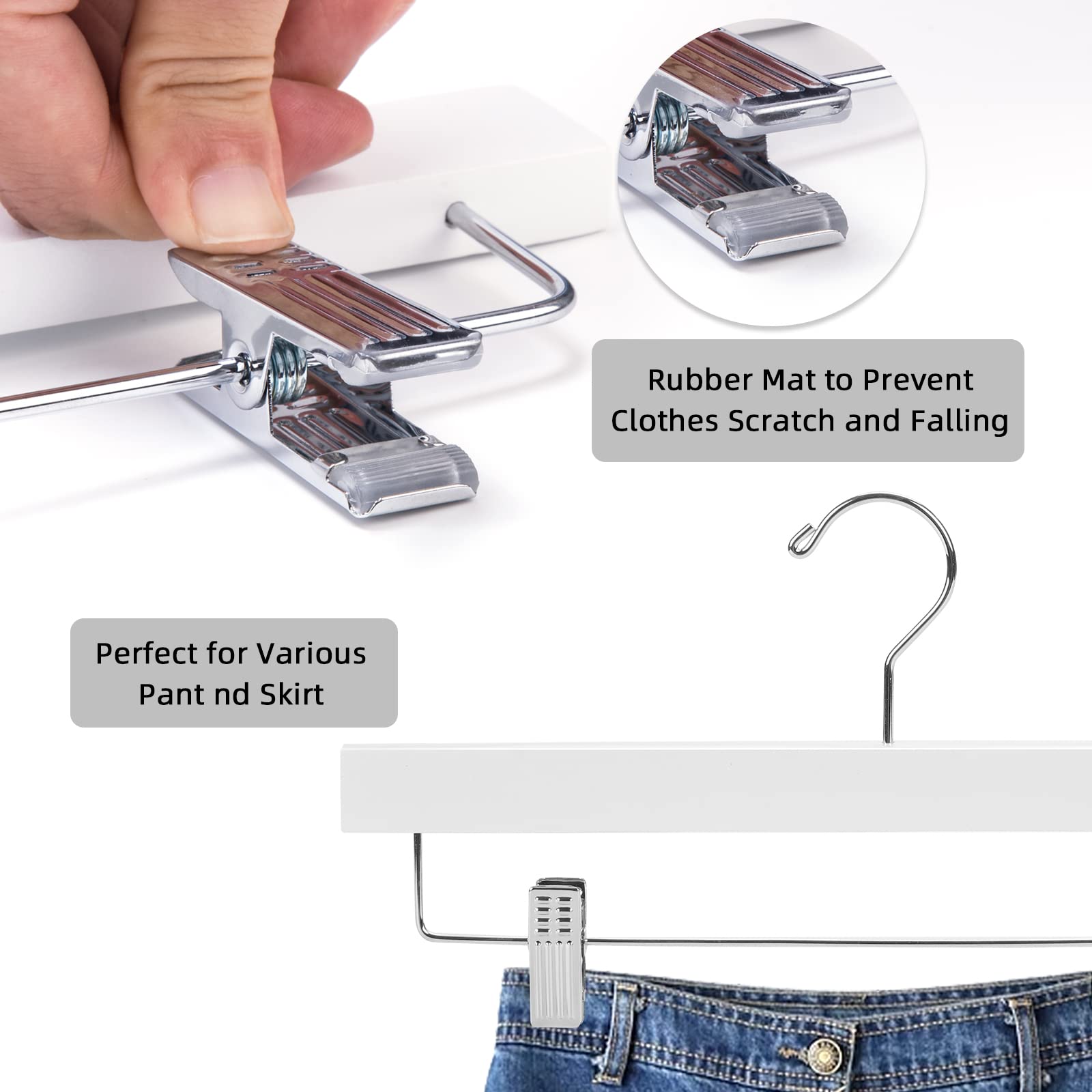 Nature Smile Deluxe Wooden Pants Hangers Solid Wood Bottom Jeans Hanger Skirt Hanger With 2-Adjustable Clips Pack Of 20 (White)