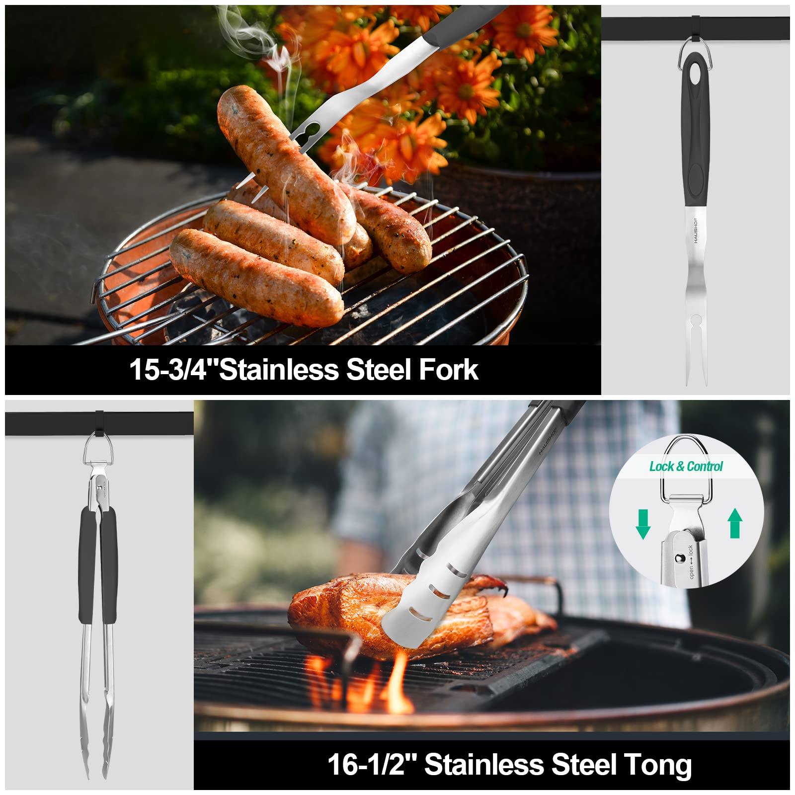 Haushof Large Grilling Accessories, Bbq Grill Set, Heavy Duty Stainless Steel Barbecue Utensils With 16-1/2'' Spatula, Brush, Fo