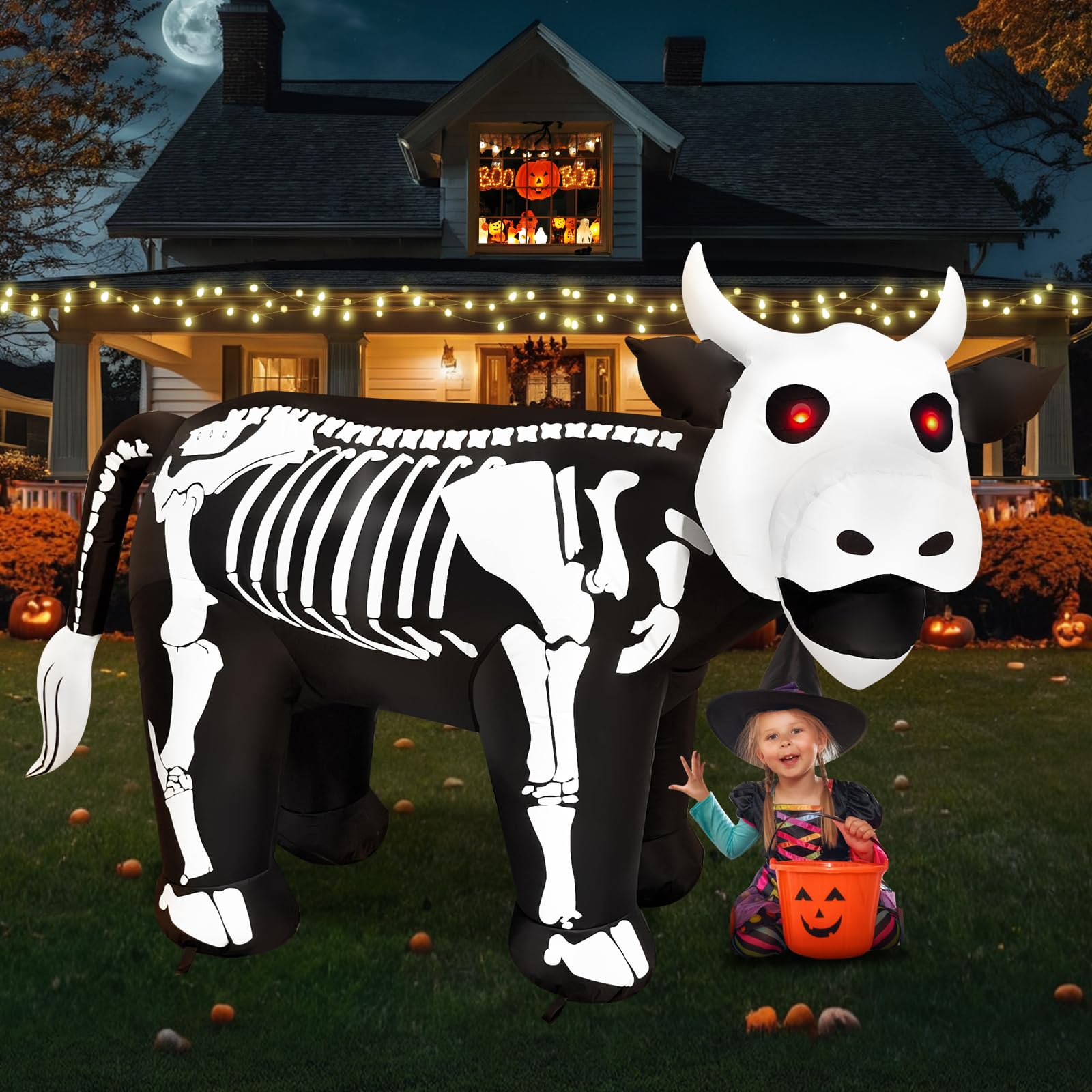 inslife 6FT Length Halloween Inflatable Cow Skeleton with Spooky Red Eyes Decoration, Halloween Blow Up Cow Skeleton Inflatables