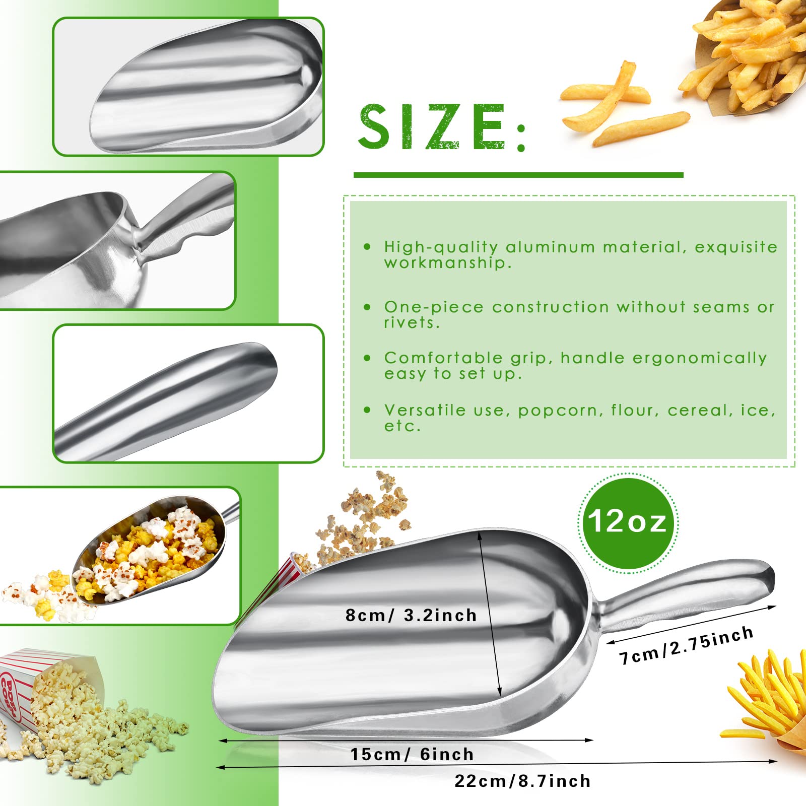 4 Pieces 12 Oz Aluminium Popcorn Scoop Stainless Steel Metal French Fry Scoop Salt Shaker Dredge Round Bottom Utility Scoop With
