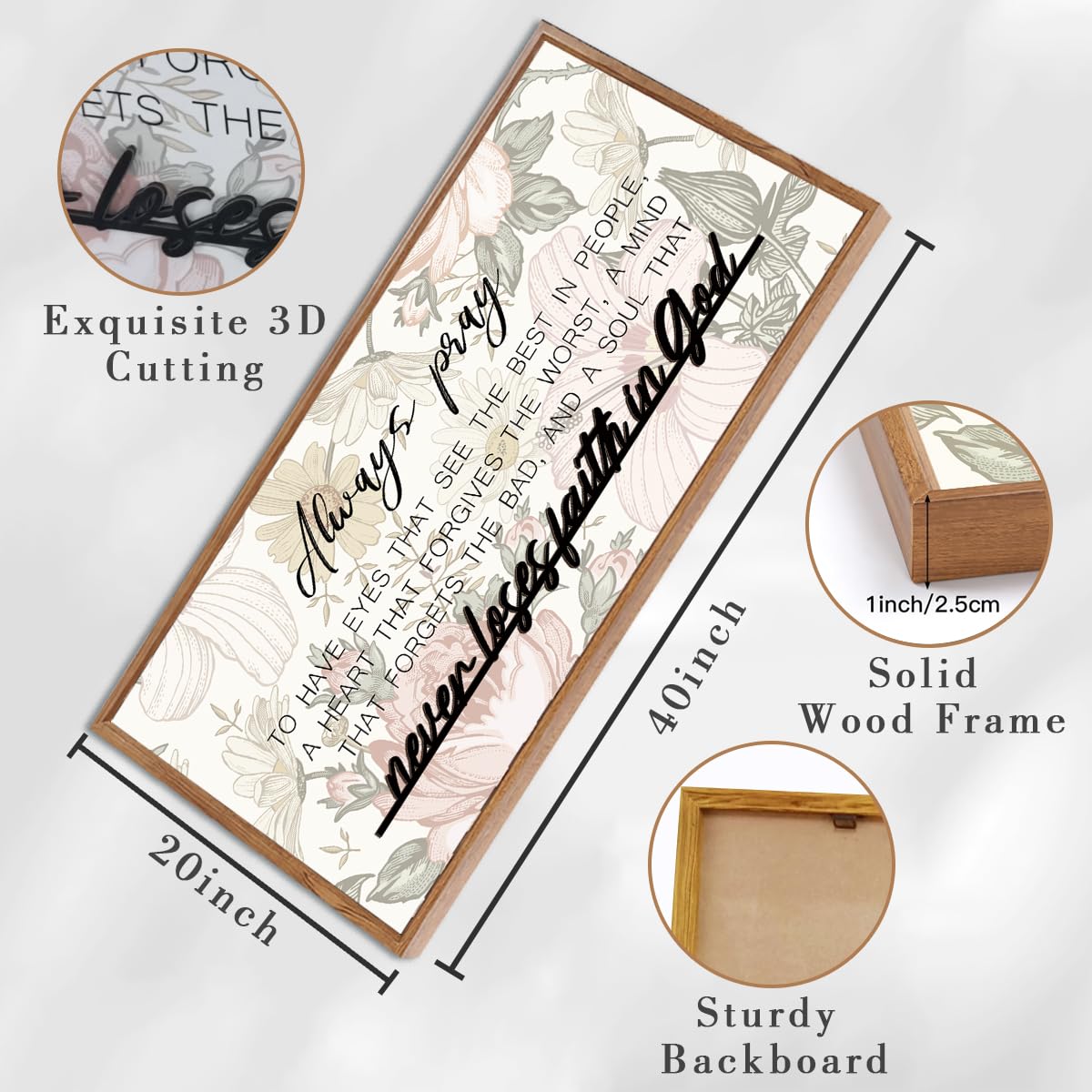 Anhuib Large 3D Quote Wood Wall Art 20X40 Inch Framed Wooden Signs Home Decor Never Loses Faith In God Inspirational Artwork Flo