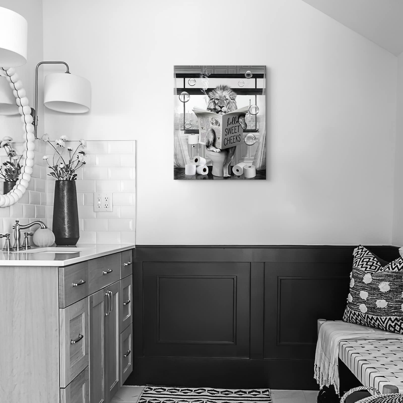 Funny Lion Wall Art Black And White Lion Bathroom Print Farmhouse Bathroom Animals Wall Decor Lion Sitting In Toilet Reading New