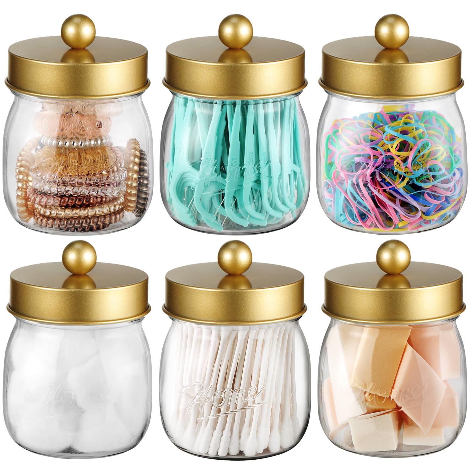 6 Pack Qtip Holder Bathroom Set, Sheechung Plastic Mason Jar Apothecary Jar Set For Bathroom Vanity Storage Organizer, Farmhouse