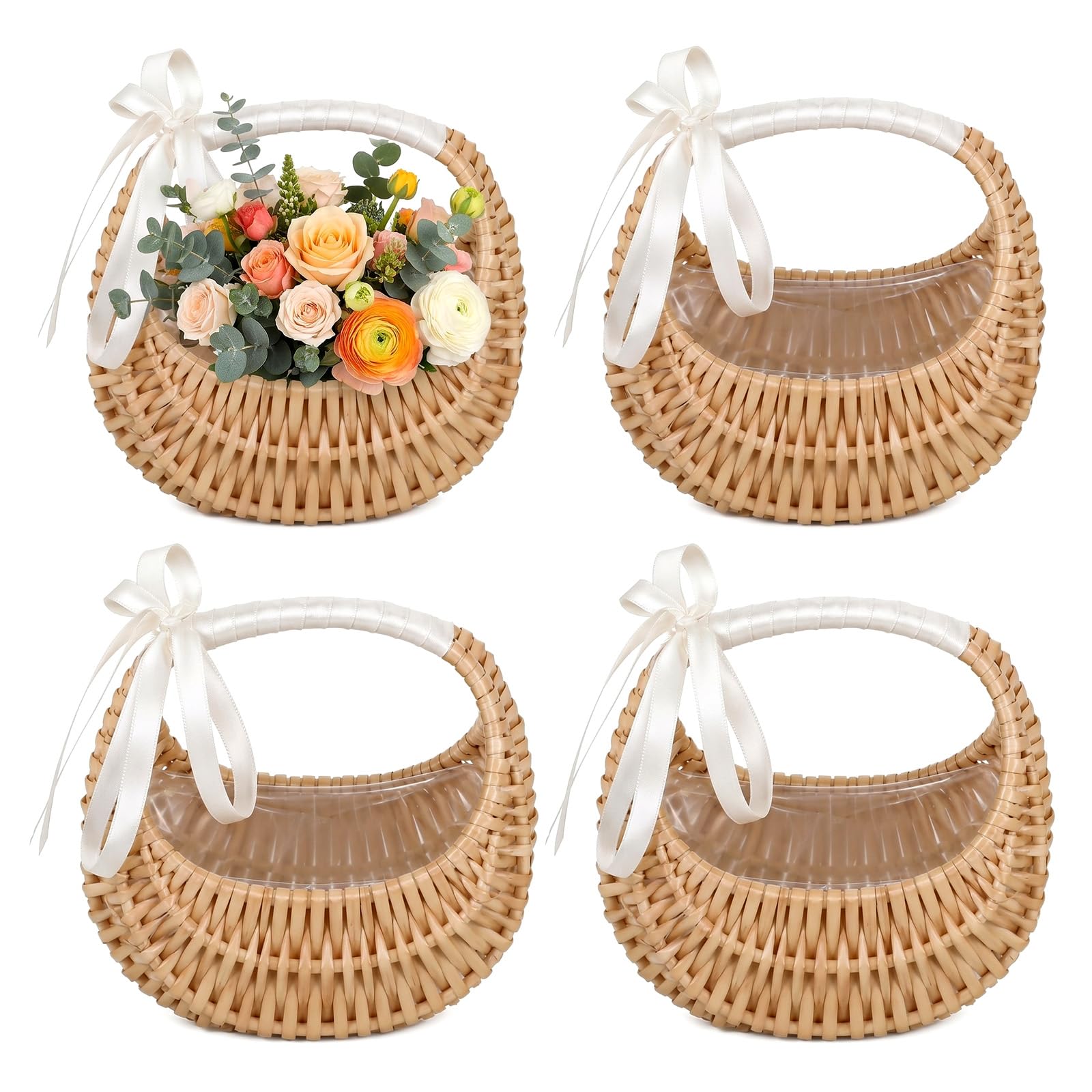 SHENLIU 4 Pack Rattan Flower Girl Basket Half Moon Straw Wicker Basket