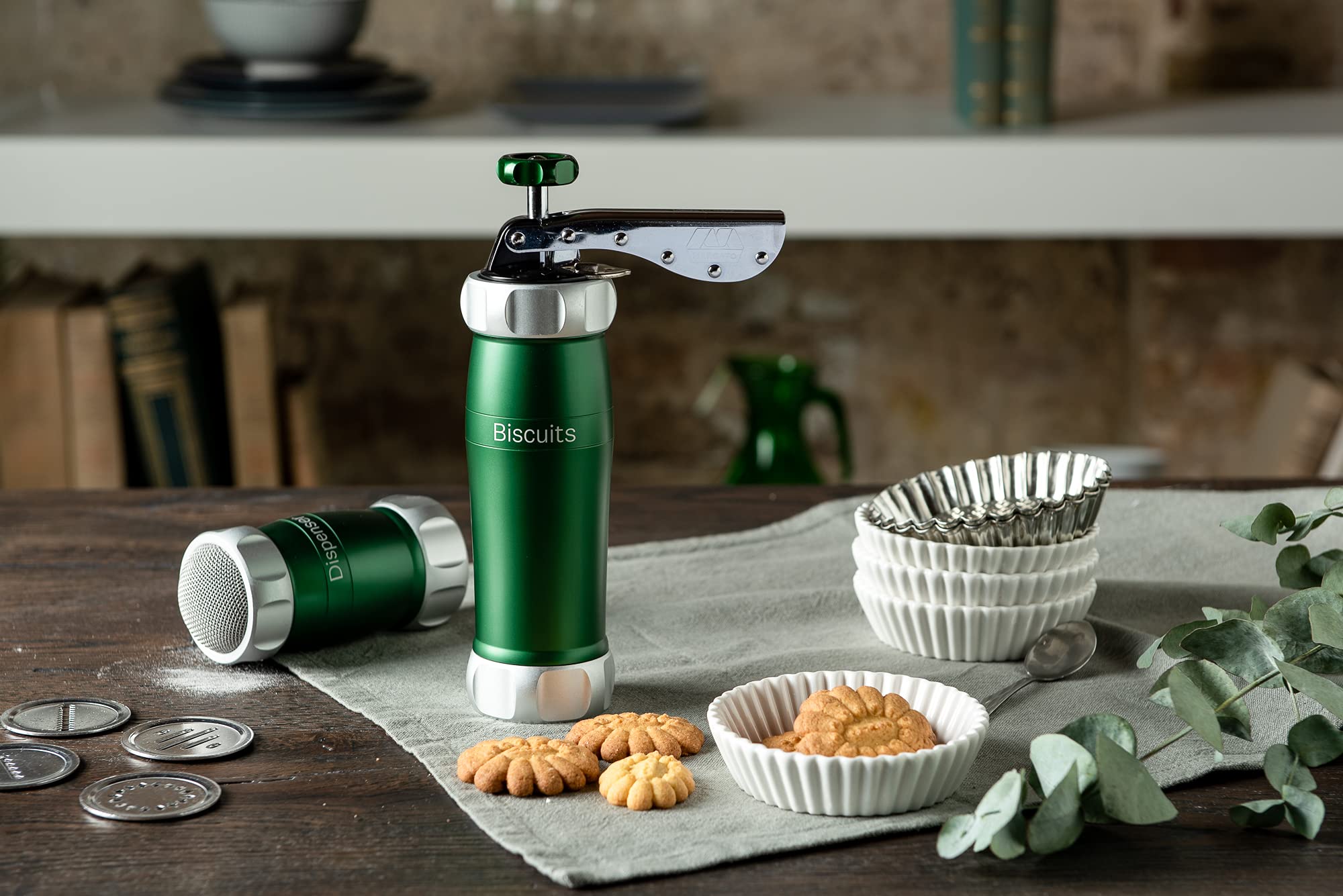 Marcato Atlas Deluxe Biscuit Maker Press, Green, Aluminum, 20 Cookie Disc Shapes, Model BI-DES-VER