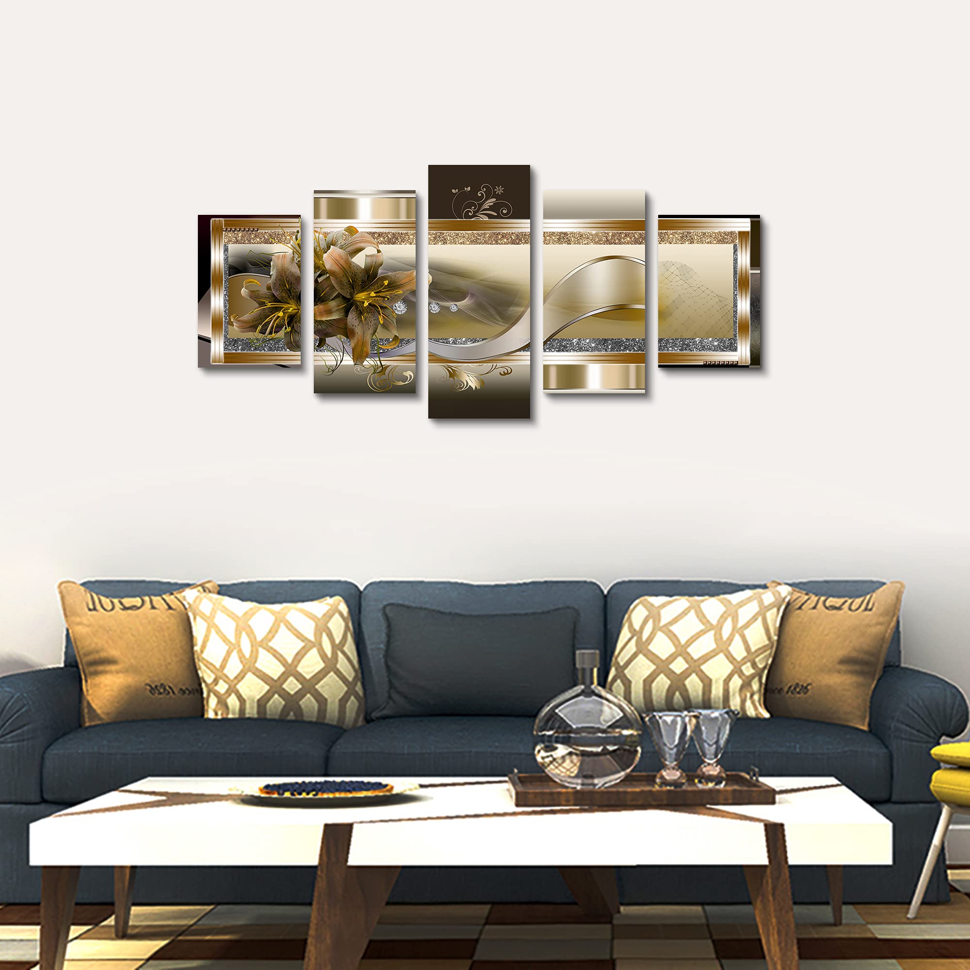 5 Panel Yellow Orchid Flowers Canvas Print - Abstract Golden Floral Wall Decor Poster, 5 Pieces Wall Art Painting Decor For Home