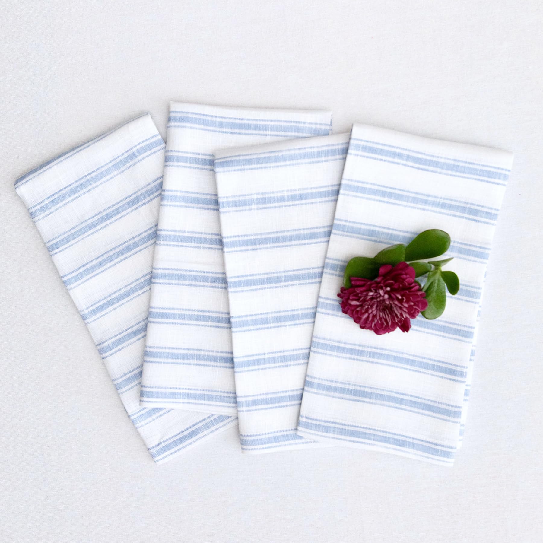 Solino Home Stripe Linen Napkins Set Of 4 - 100% Pure Linen Spring Sky Blue And White Cloth Napkins 20 X 20 Inch - Farmhouse Was