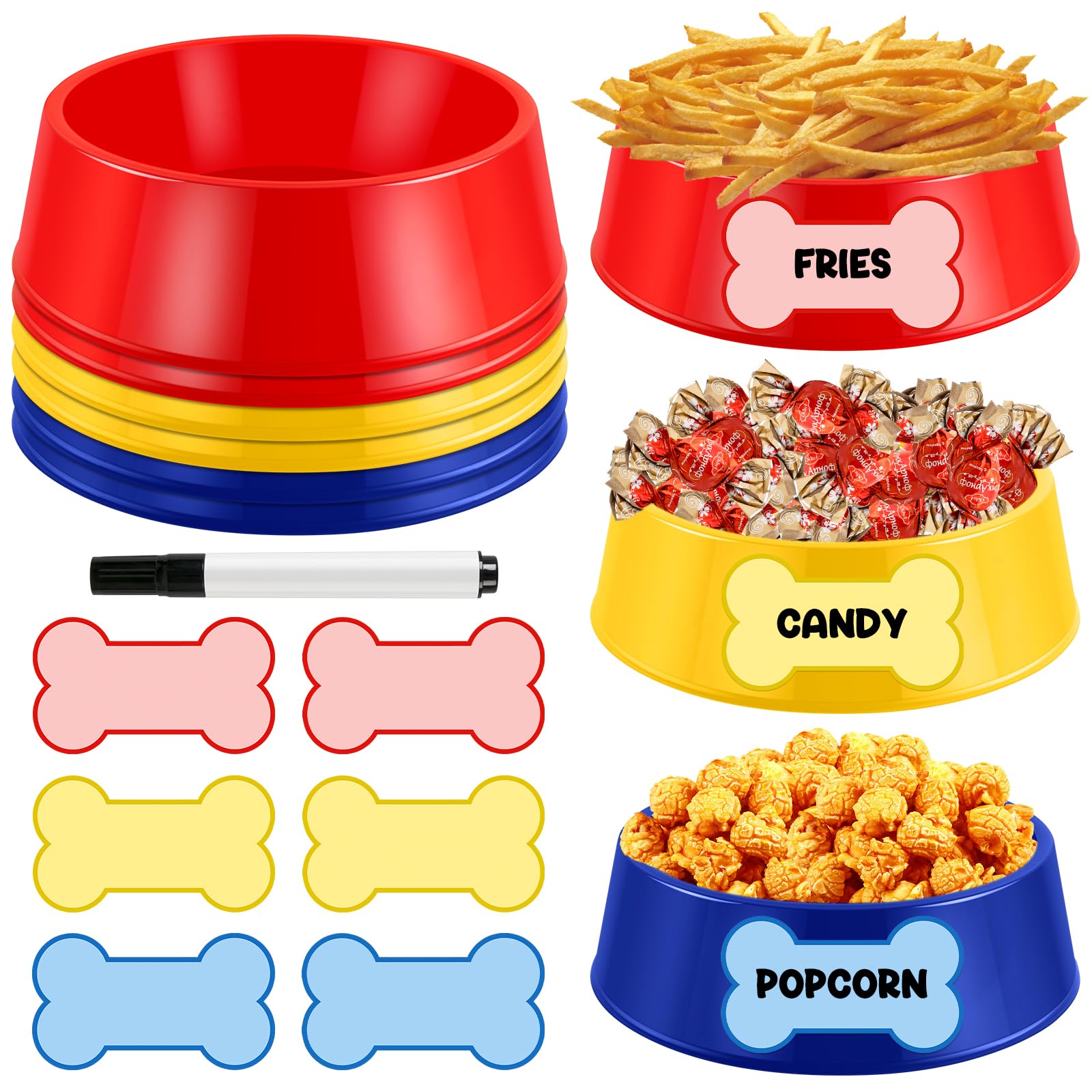 6 Set Dog Paw Plastic Bowls Dog Birthday Party Supplies Red Blue and Yellow Food Trays with Bone Cards for Table Dog Puppy Party