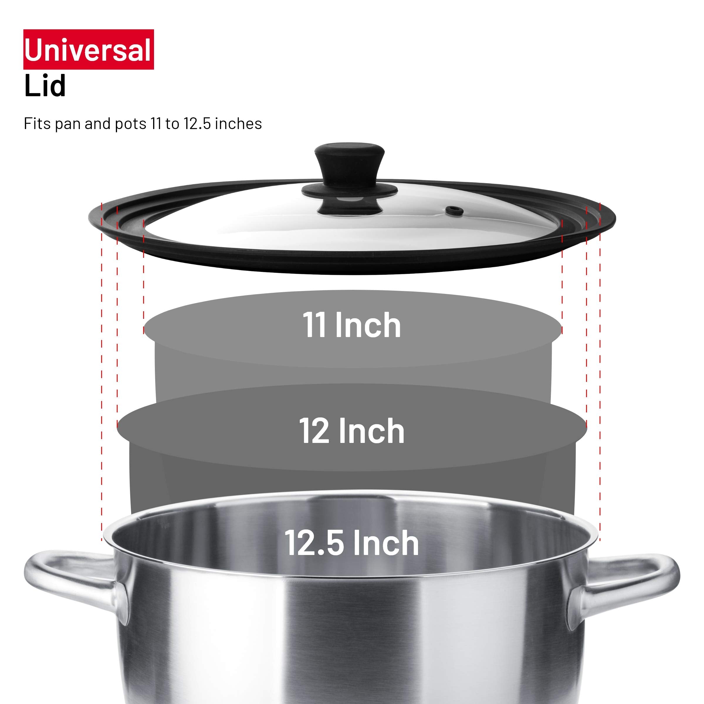 Bezrat Universal Round Lid For Pans, Pots And Skillets Vented Tempered Glass - Graduated Rim Fits 11'', 12'', 12.5 Inch Cookware