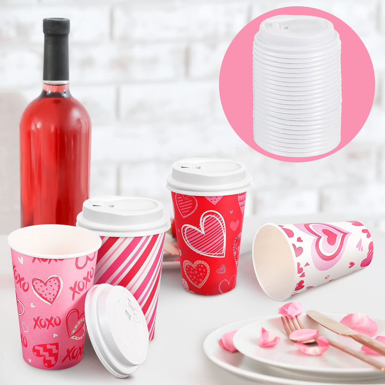 Funtery 60 Set Valentine'S Day Disposable Cups With Lids 12 Oz Pink Paper Beverage Cups Hearts Hot Chocolate Cocoa Hot Tea Conta