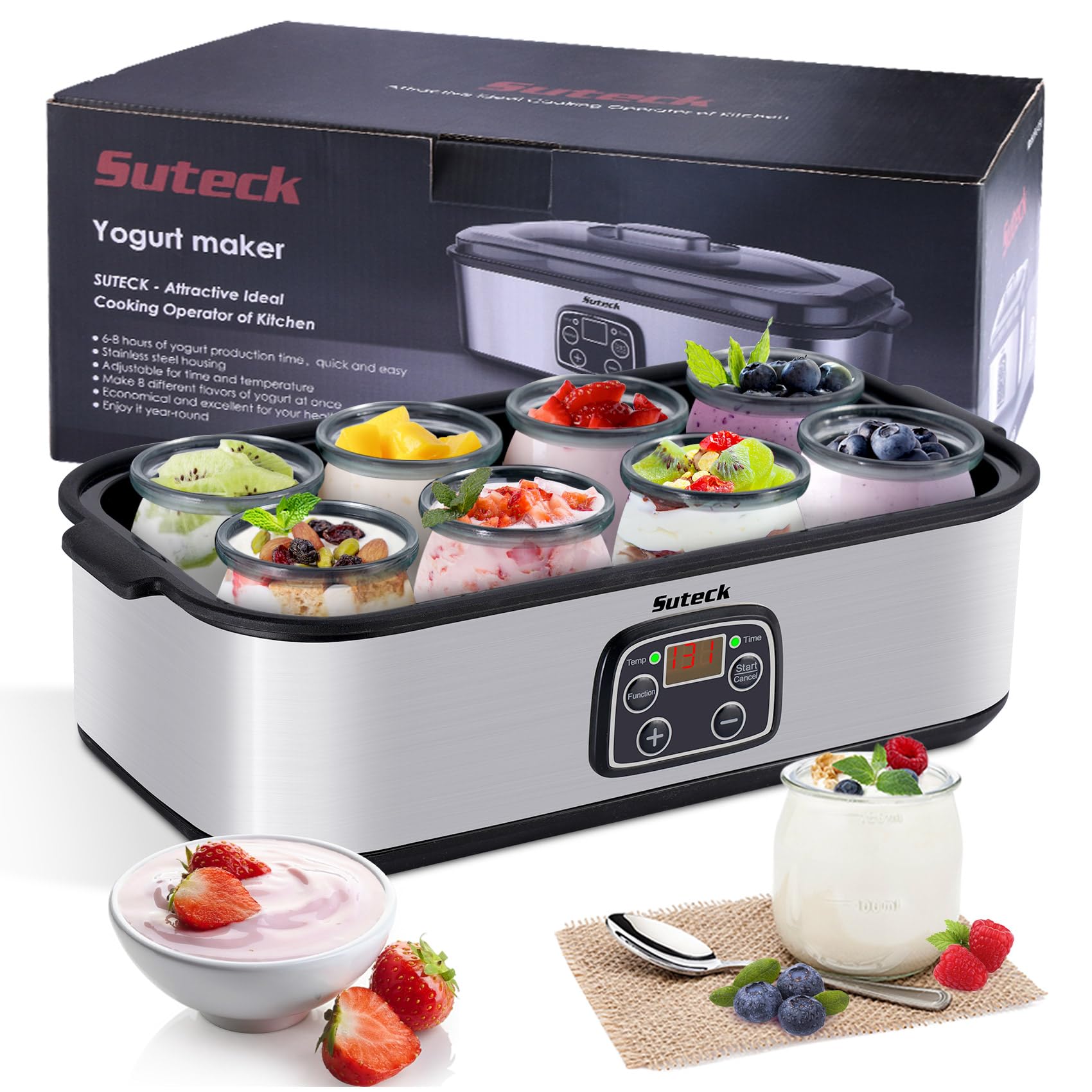 Yogurt Maker Automatic Digital Yoghurt Maker Machine with 8 Glass Jars 48 Ozs (6Oz Each Jar) LCD Display with Constant Temperatu