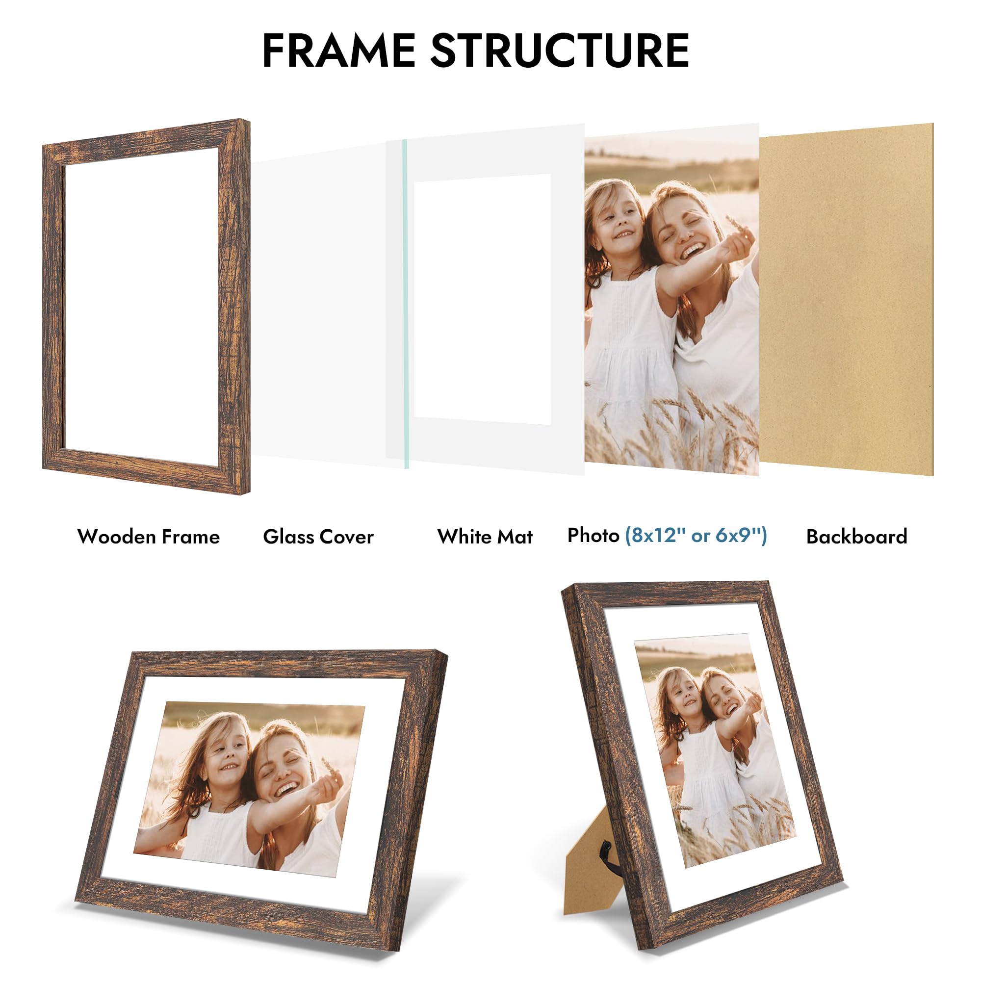 Hongkee 8x12 Picture Frame with Glass, Display Pictures 6x9 with Mat or 8 x 12 without Mat - Wall and Tabletop, 8 by 12 Photo Wo