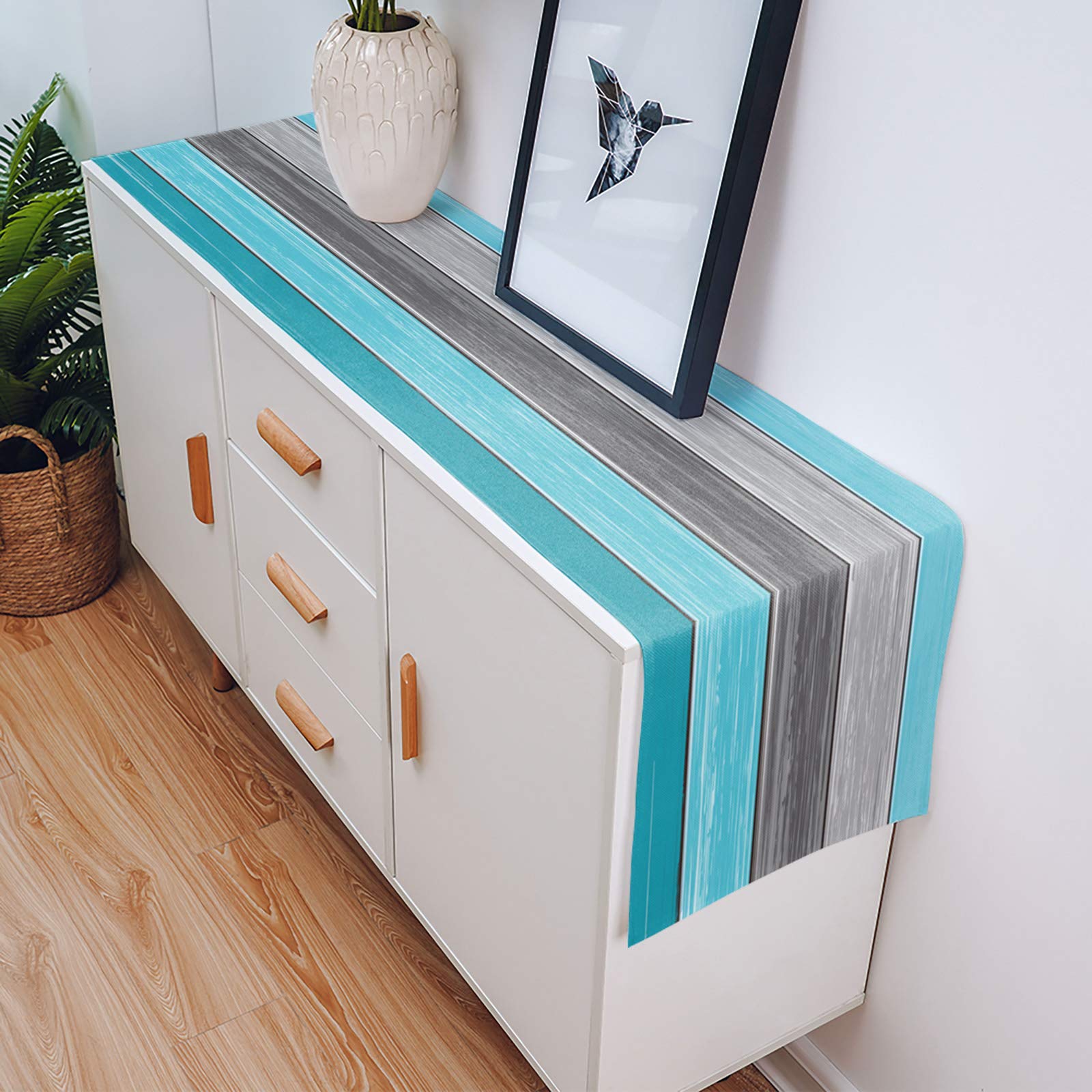 Vandarllin Farmhouse Cotton Linen Table Runner Dresser Scarf Retro Rustic Barn Wood Texture Ombre Aqua Blue Gray Non-Slip Rectan