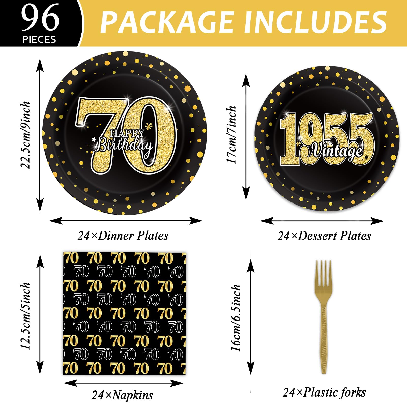 96Pcs 70Th Theme Birthday Party Tableware Vintage 1955 Party Supplies 70 Year Old Birthday Party Decorations Plates Napkins Fork