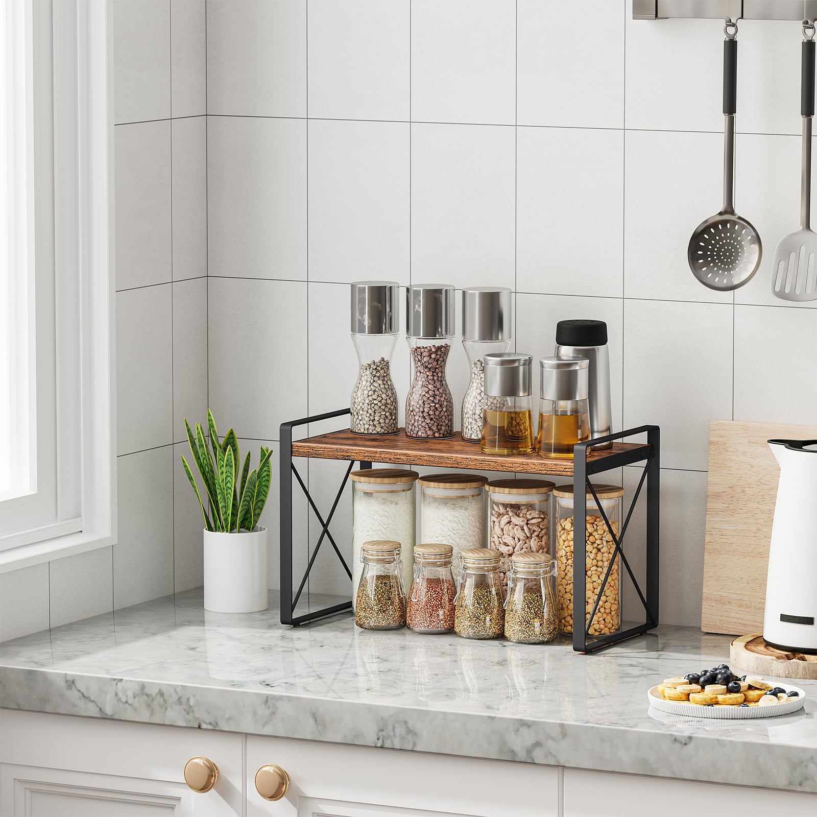 Giikin Countertop Shelf Organizer - Retro Metal Spice Rack, Rustic Brown, 7.8"D x 15.7"W x 9.4"H, Ideal for Kitchen, Pantry, Bathroom