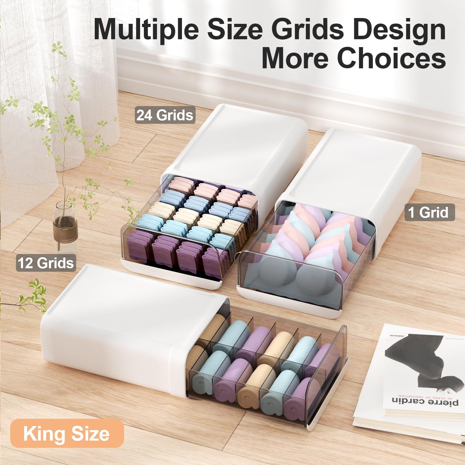 Miaocona Underwear Organizer Drawer, 12 Cells Plastic Sock Underwear Storage Drawer, Stackable Closet Organizers and Storage Box