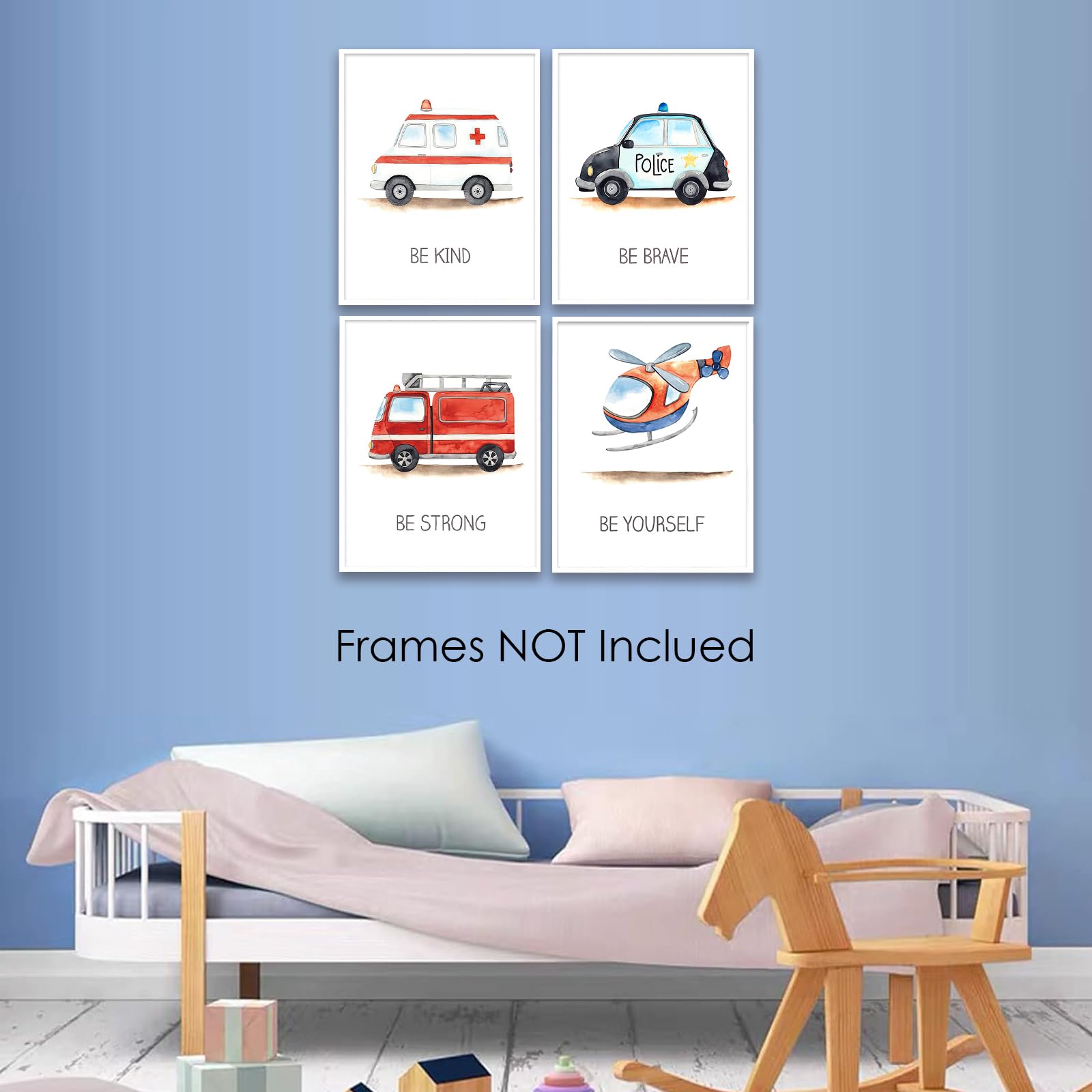 4 Pcs Emergency Vehicle Wall Art Car Nursery Decor Boys Room Wall Decor, Unframed, Cute Fire Truck Ambulance Police Car Transpor