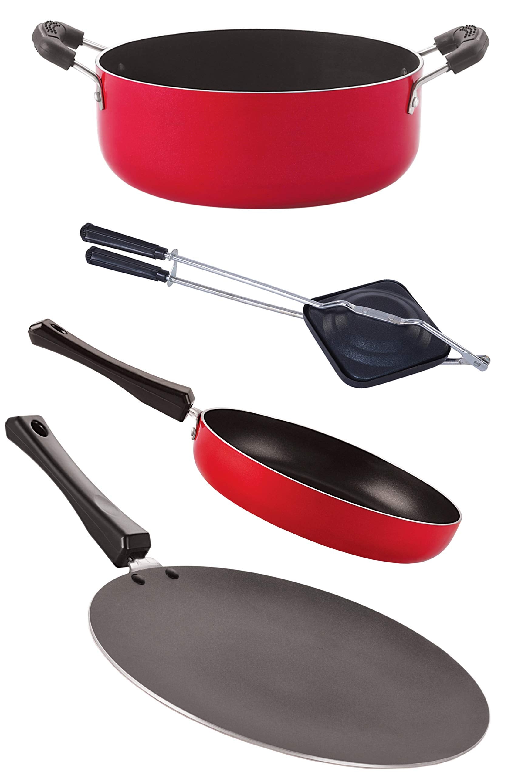 Nirlon Nonstick Cookware Pots And Pans Set, 4 Piece, Red (Ct11_Fp10_Ht_Cs24)