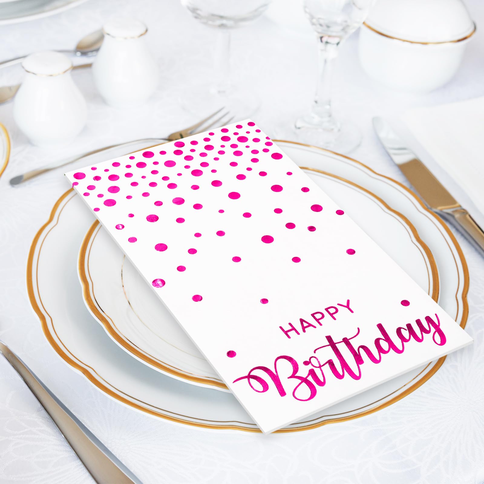 Jarthenaamcs 50Pcs Happy Birthday Guest Napkins Hot Pink Foil Dots Birthday Disposable Paper Napkins Dinner Hand Napkin For Vale