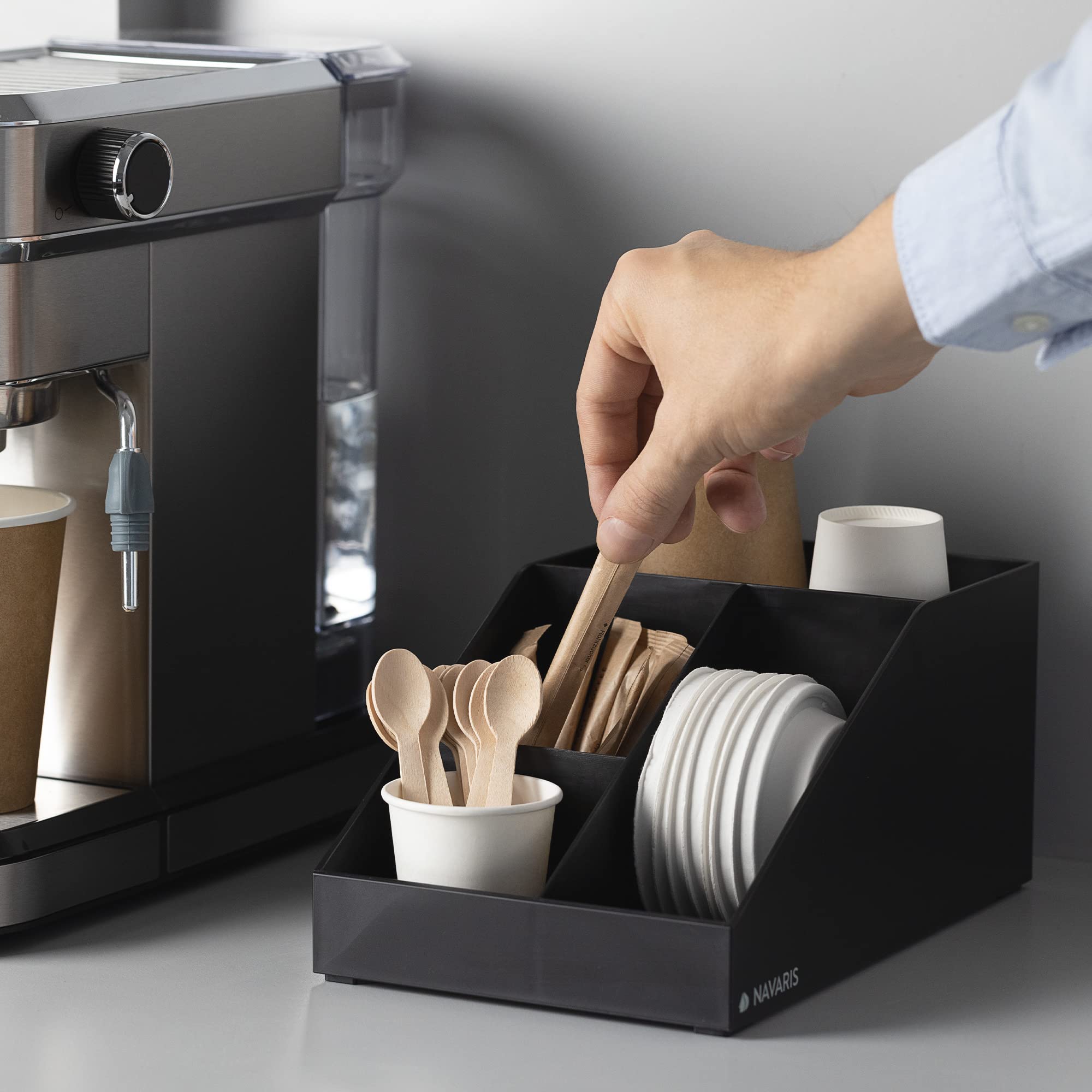 Navaris coffee Station Organizer - coffee Bar countertop Accessories Holder for Sugar  creamer  cups  Tea - Office Kitchen caddy - 4 compartments
