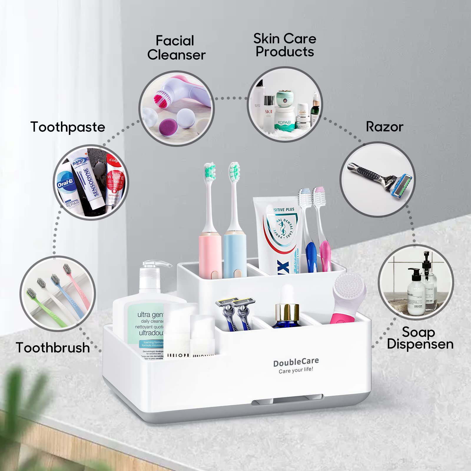 Toothbrush Holder with Anti-Slip Bathroom Organizer Countertop Detachable for Easy Cleaning  Multifunctional Storage Bathroom Caddy for Toothpaste Shaver Great for Home  Vanity Organizer  Office