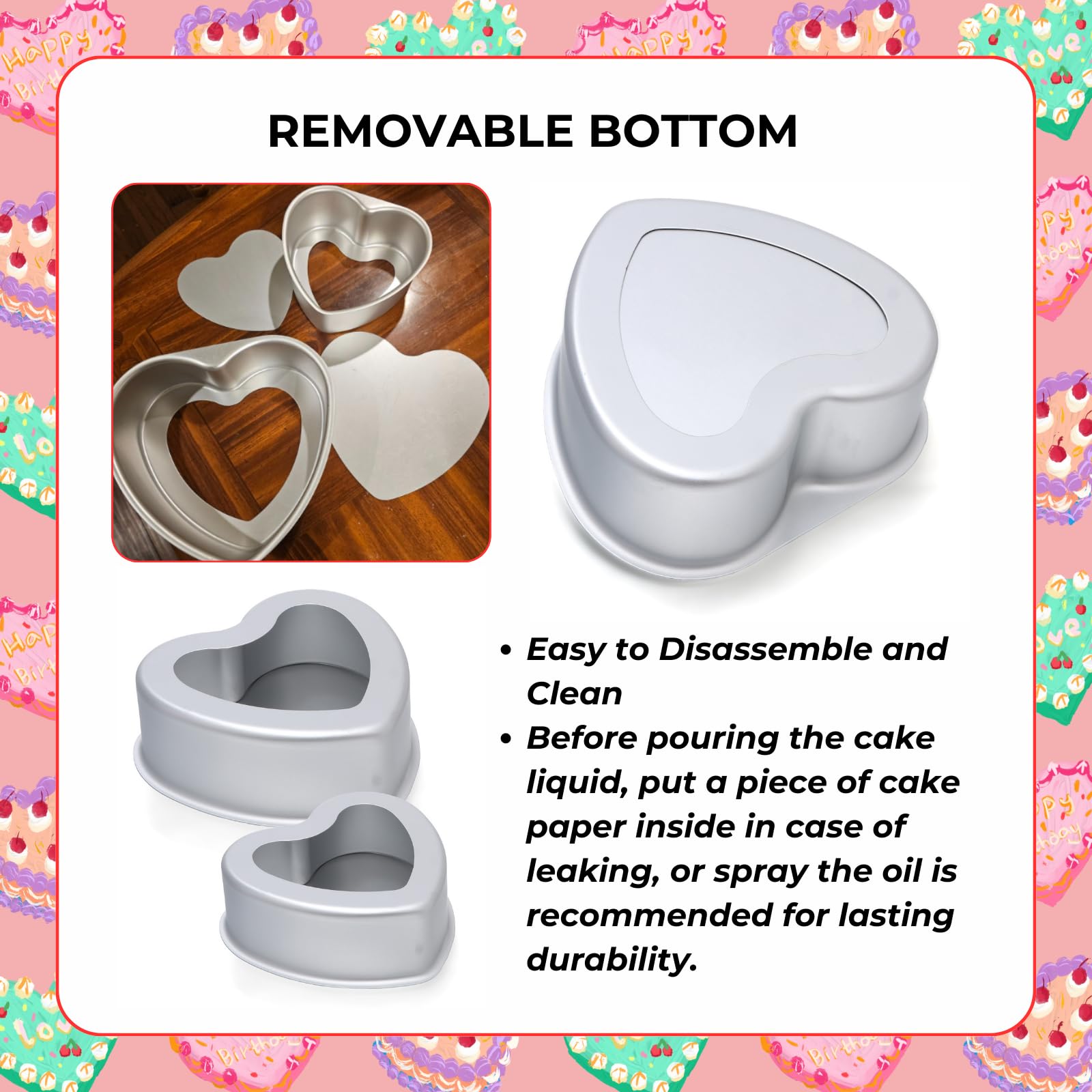 Beyonday 2Pcs Heart Shaped Cake Pan With Removable Bottom, 6 Inch & 8 Inch Aluminum Alloy Cake Trays For Birthday Party Wedding