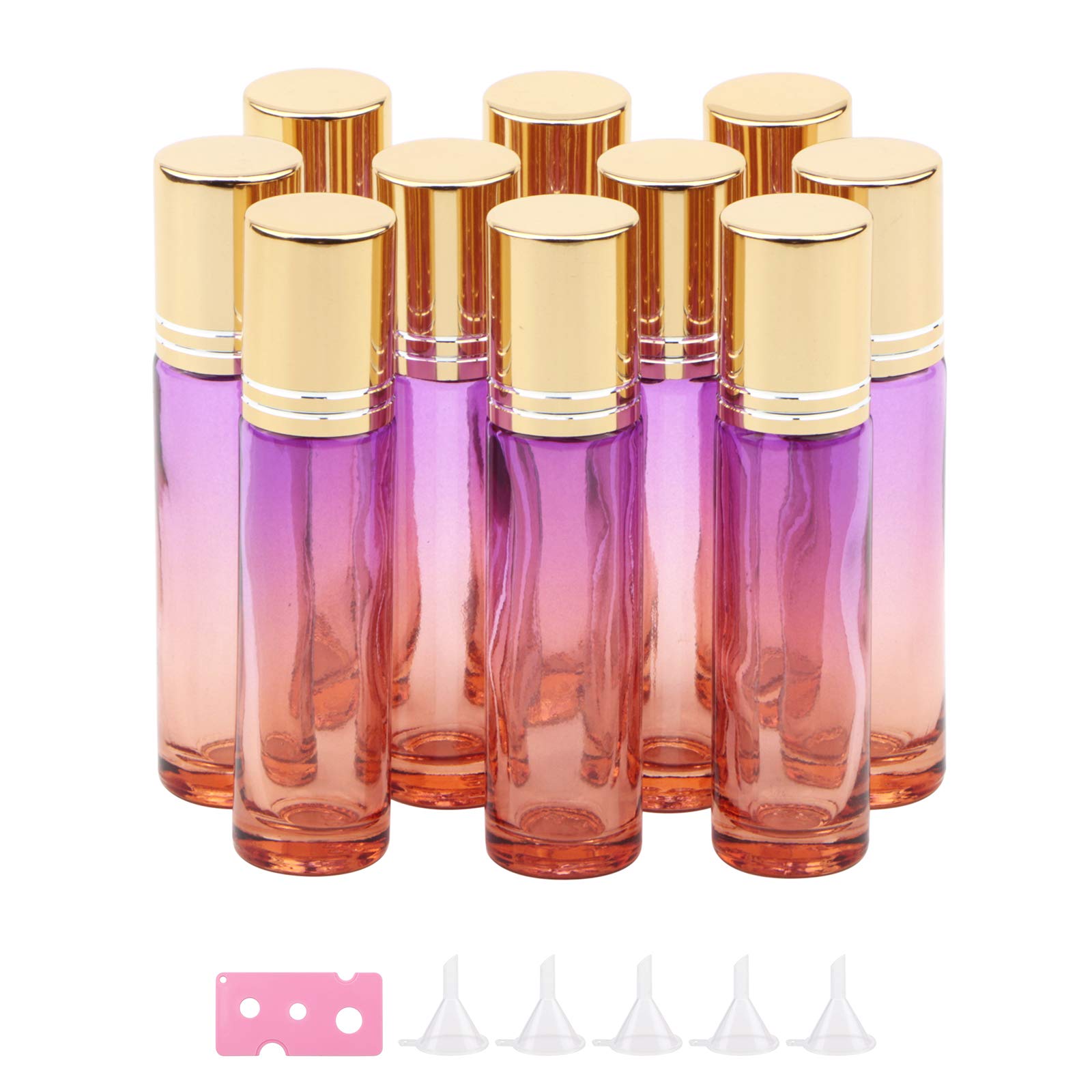 Ellbest 10Pcs 10Ml Rolling Glass Bottle For Essential Oil Colorful Roller Bottles With Stainless Steel Roller Balls & Funnels Re