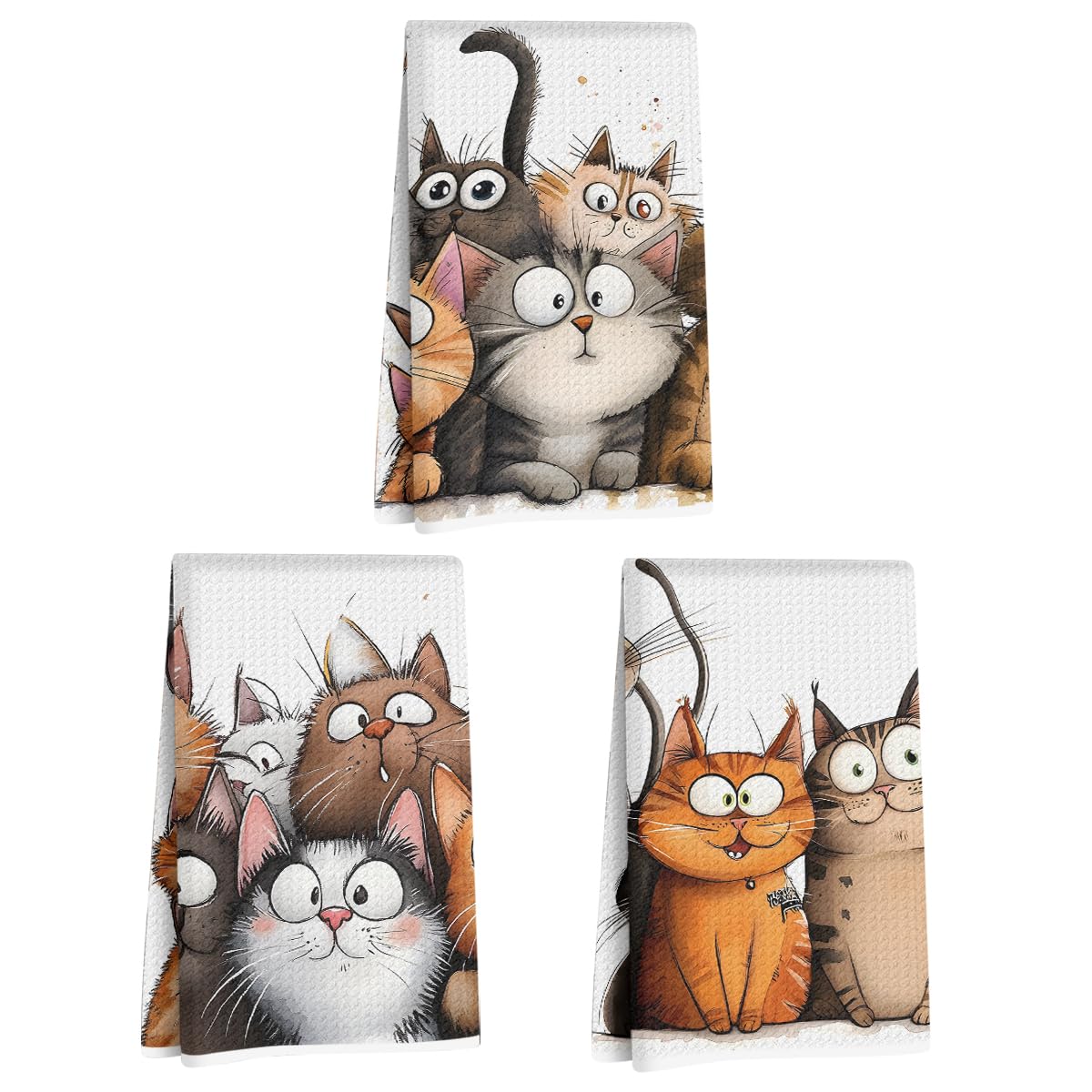 3 Pcs Cute Cat Kitchen Towels, Cats Soft Absorbent Hand Tea Towel, Microfiber Dish Cloths for Drying Dishes, Waffle Dish Towels 