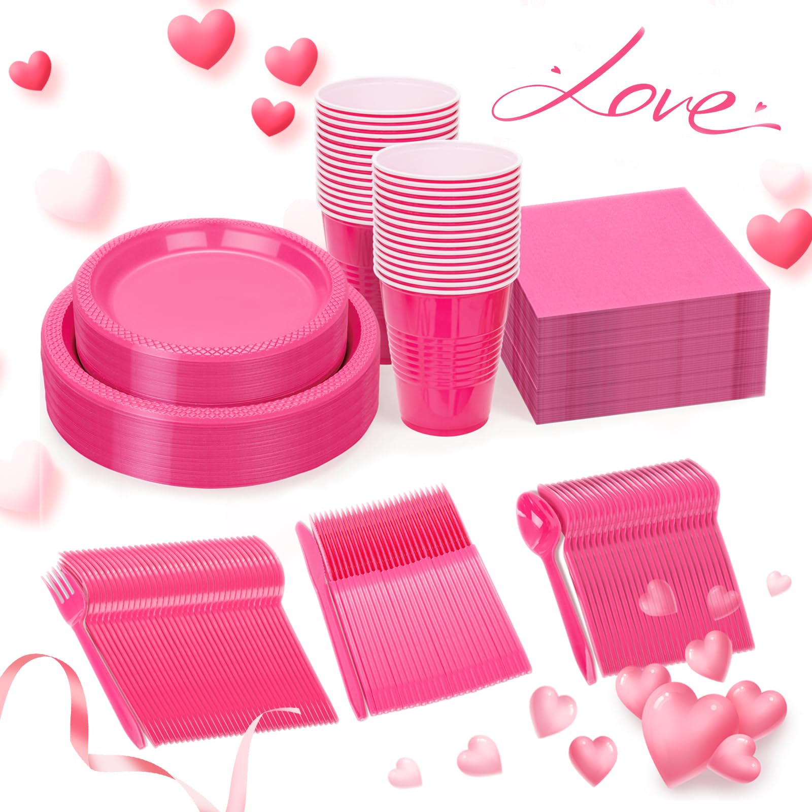 Wellife 210 Pieces Valentines Hot-Pink Party Supplies - Hot Pink Plastic Dinnerware Set, Including Hot Pink Plastic Plates And N