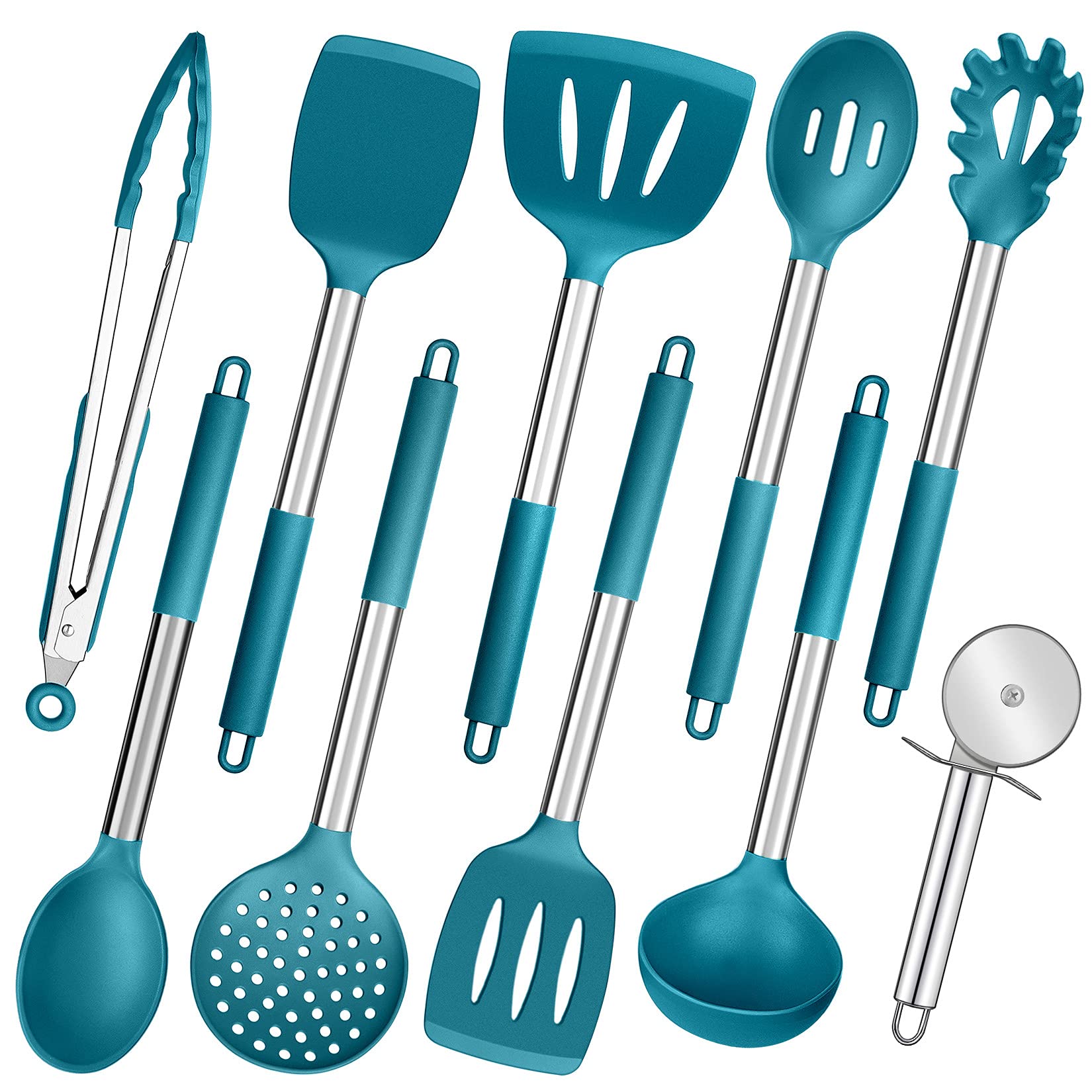 P&P Chef Kitchen Utensils Set(10Pcs), Blue Heat-Resistant Silicone Cooking Utensil Kit With Stainless Steel Handles, For Nonstic