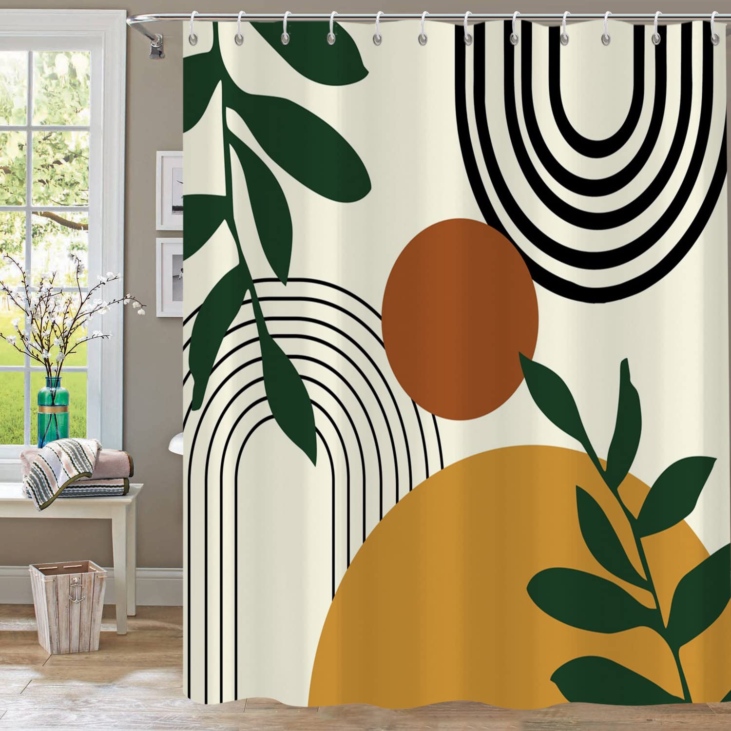 Yiartaan Abstract Boho Mid Century Shower Curtains For Bathroom Geometric Leaves Moon Phase Beige Modern Minimalistic Plant Fabr