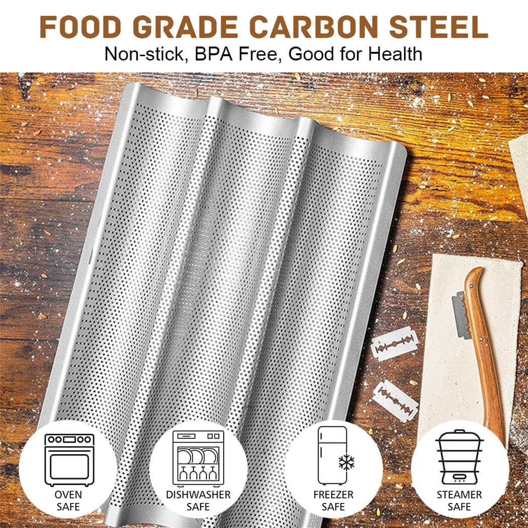 Baguette Pan Nonstick Baguette Pans 3 Loaves French Bread Pan Bread Tray With Thick Proofing Cloth Dough Couche Long Sourdough B