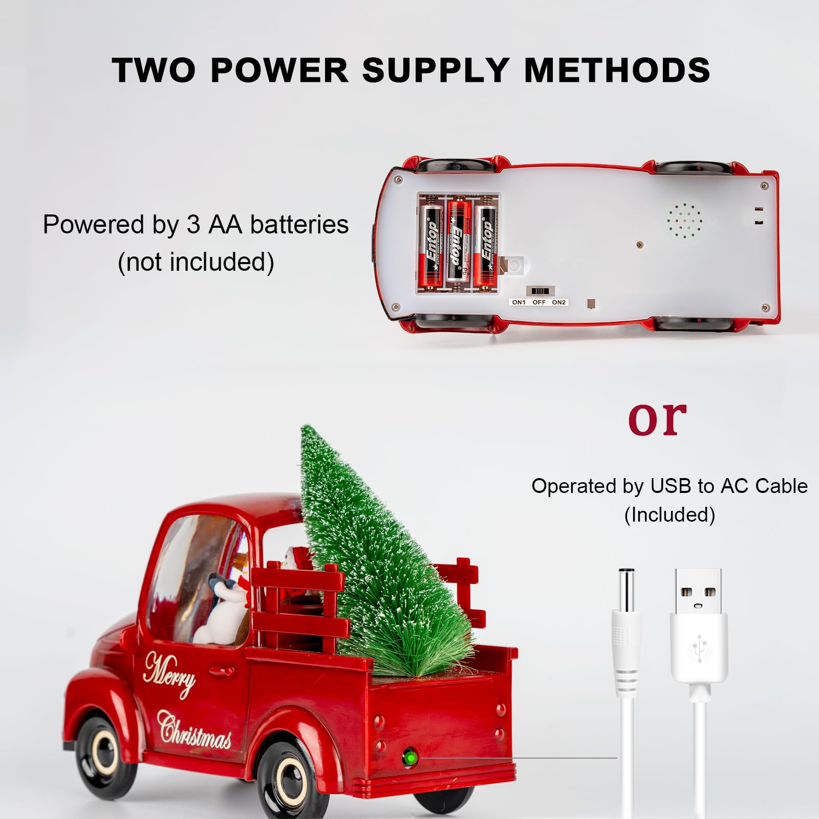 Qualdout Christmas Snow Water Lantern Glittering Snowman and Pup in Red Truck with Christmas Tree, USB Lined/Battery Operated Li