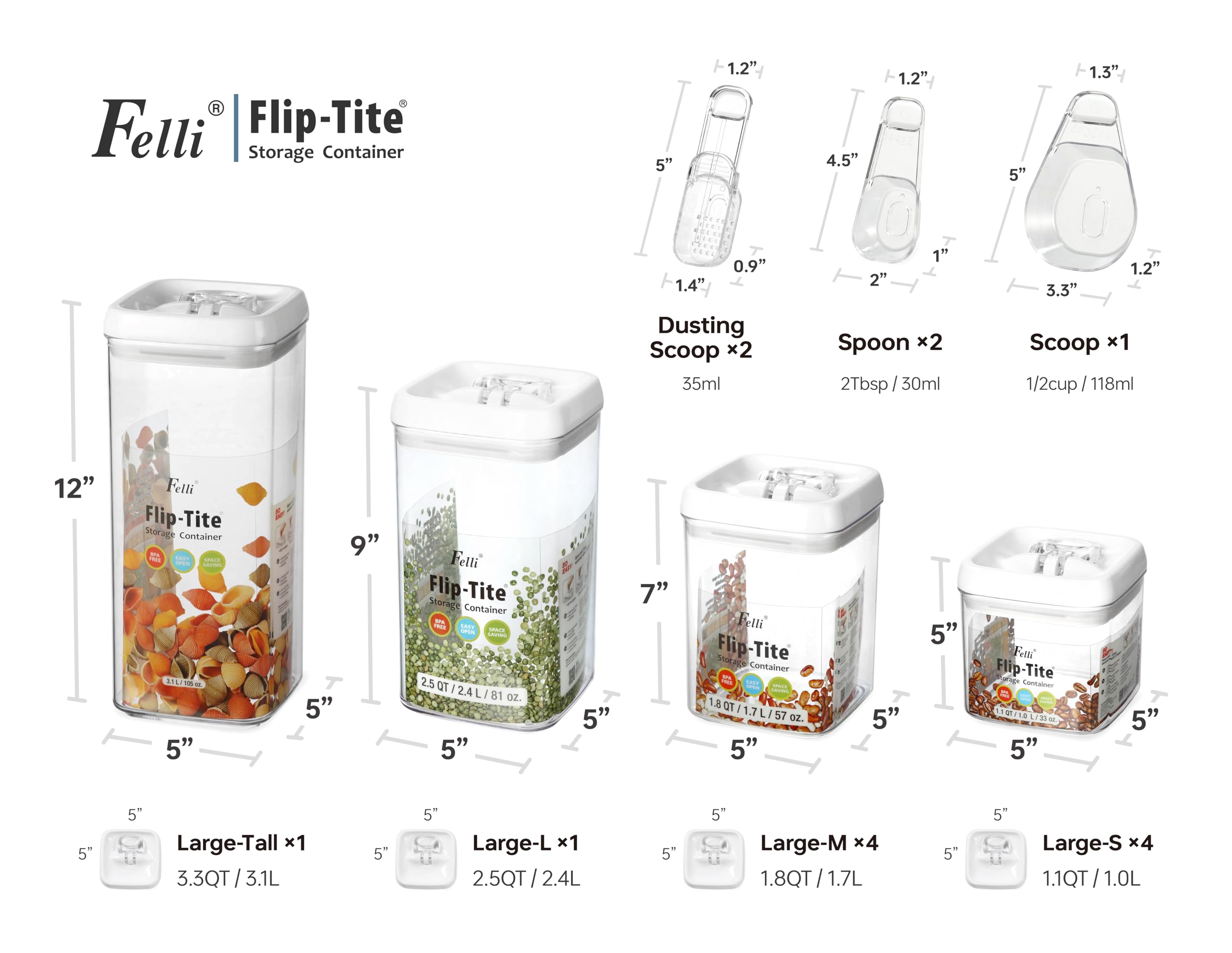Felli Flip Tite Food Storage Container with Scoop & Lid 5 LARGE Airtight Ring Top, Acrylic Canister for Sugar Flour Baking Powde
