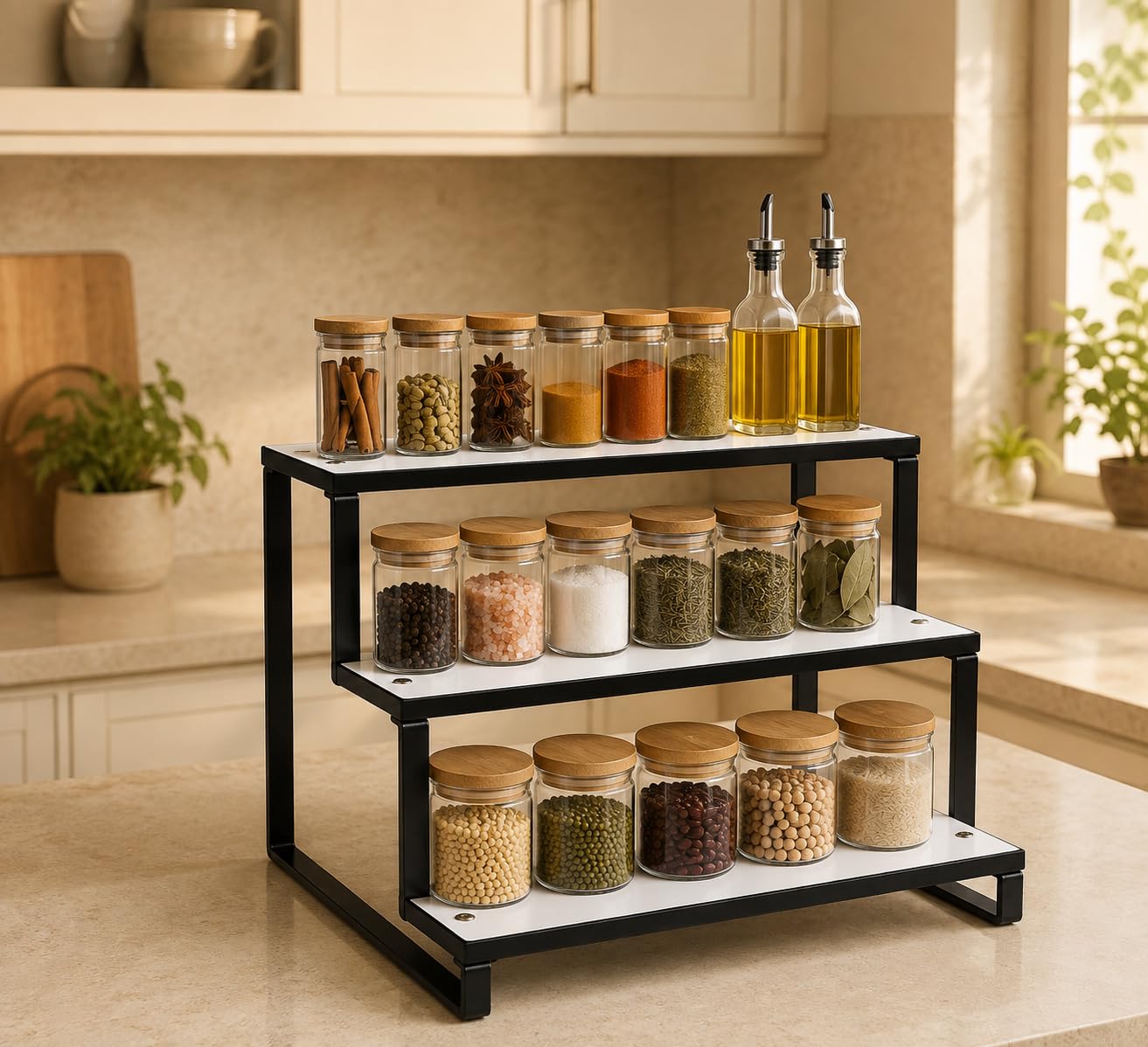 JaffSha 3 Tier Kitchen Rack for Countertop, Wooden Kitchen Organizer Shelf, Multipurpose Storage Rack for Spices, Jars, Bottles,