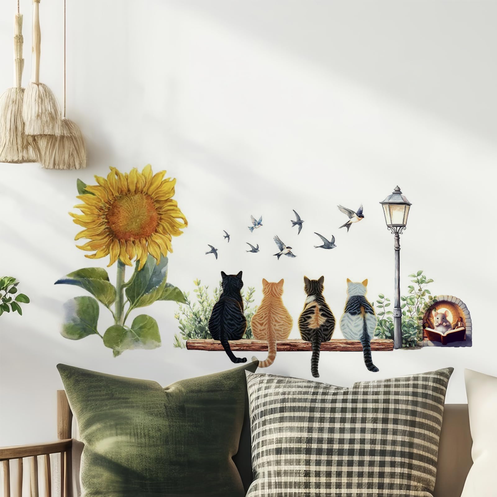 Cute Cat Sunflower Wall Decals Peel and Stick Animal Wall Stickers for Kids Bedroom Nursery Living Room Removable Wall Decor