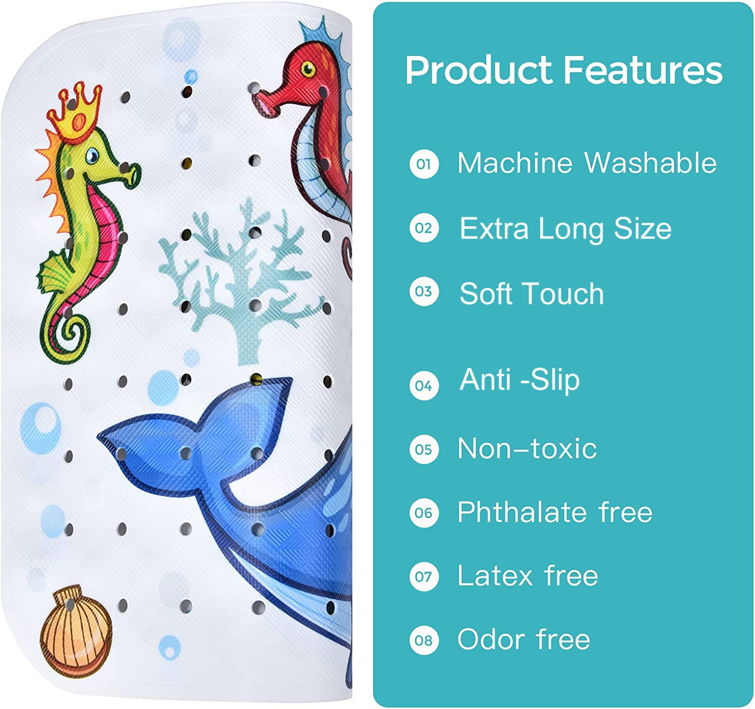 Tubozadi Baby Bath Mat for Tub Kids Non Slip Bathtub Mats Baby Extra Long 40X16 Inch Bathroom Toddler Anti Slip Shower Mat with Suction Cups & Drain Holes Machine Washable Whale