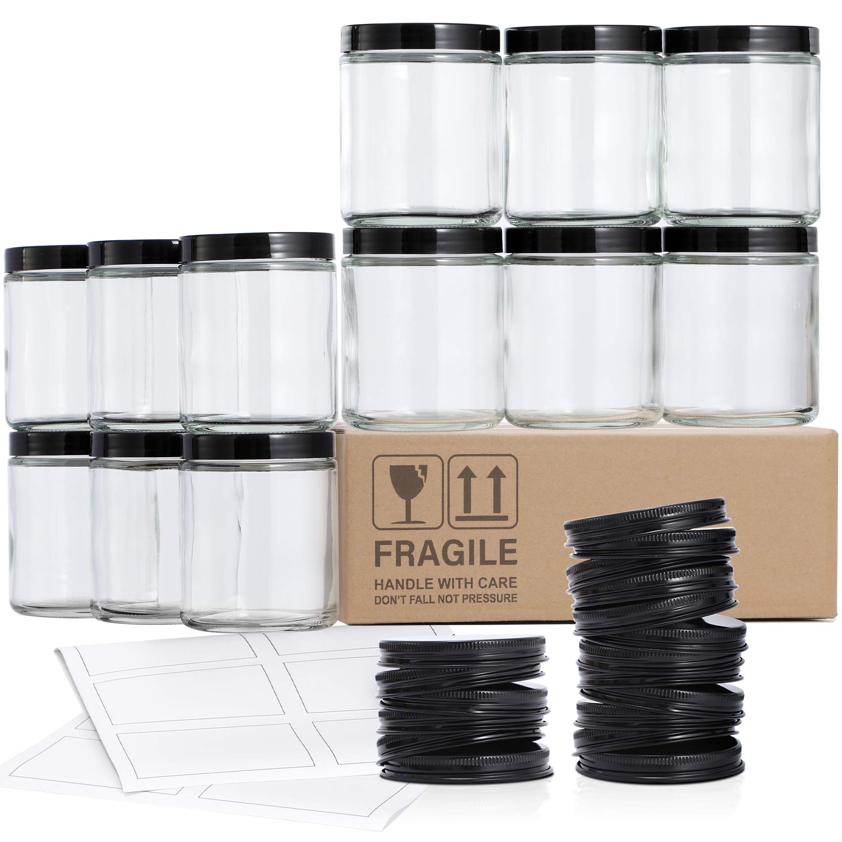 12 Pack, 8 OZ Clear Candle Jars For Making Candle, Thick Glass Jars with 12 Metal & 12 Plastic Lids - Empty Round Food Storage C