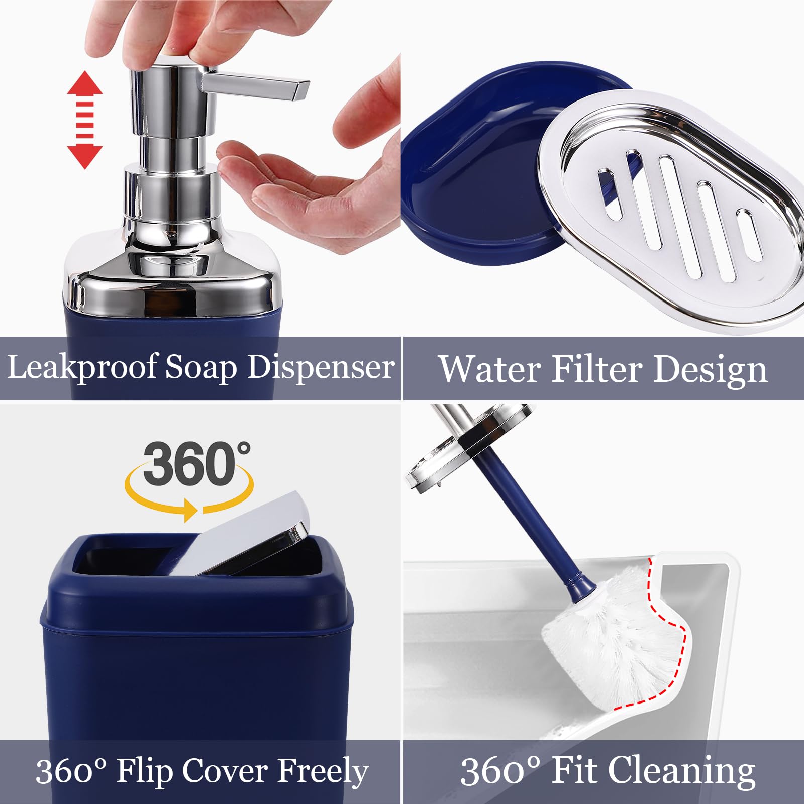 Xlhomo Navy Blue Bathroom Accessories Set 9-Piece Plastic Gift Set With Trash Can, Toothbrush Holder, Toothbrush Cup, Soap Dispe