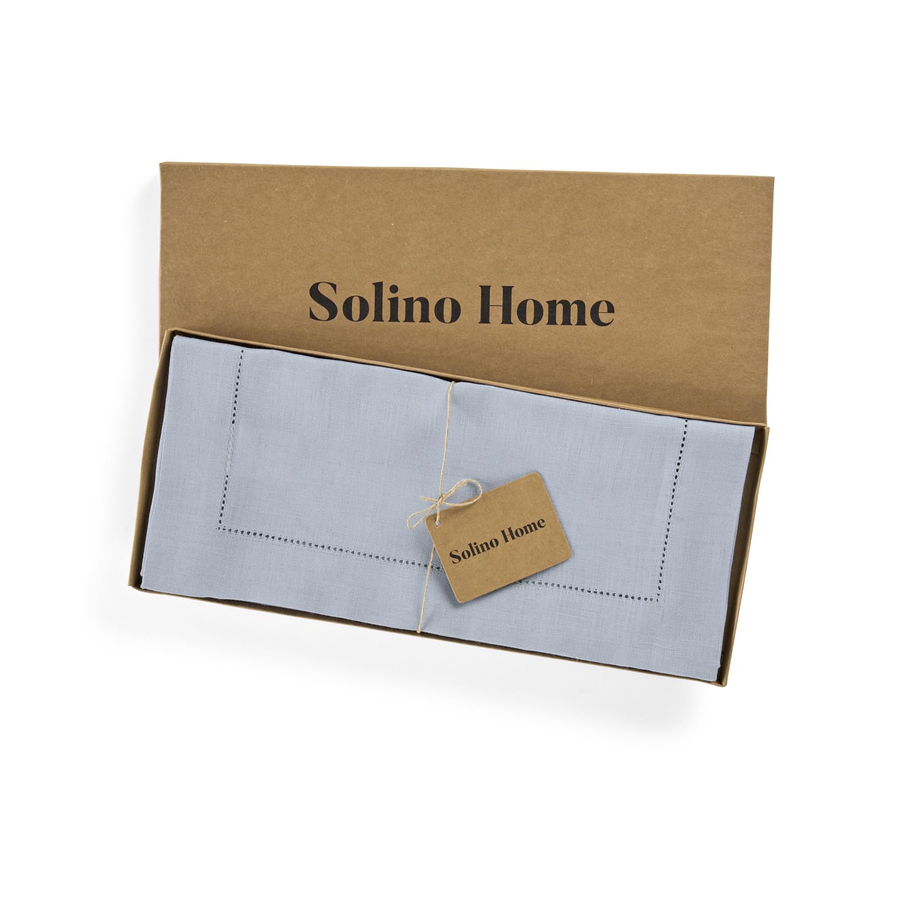 Solino Home Linen Dusty Blue Table Runner 60 Inch - 100% Pure Linen Classic Hemstitch Short Table Runner 14 X 60 Inch Ideal For