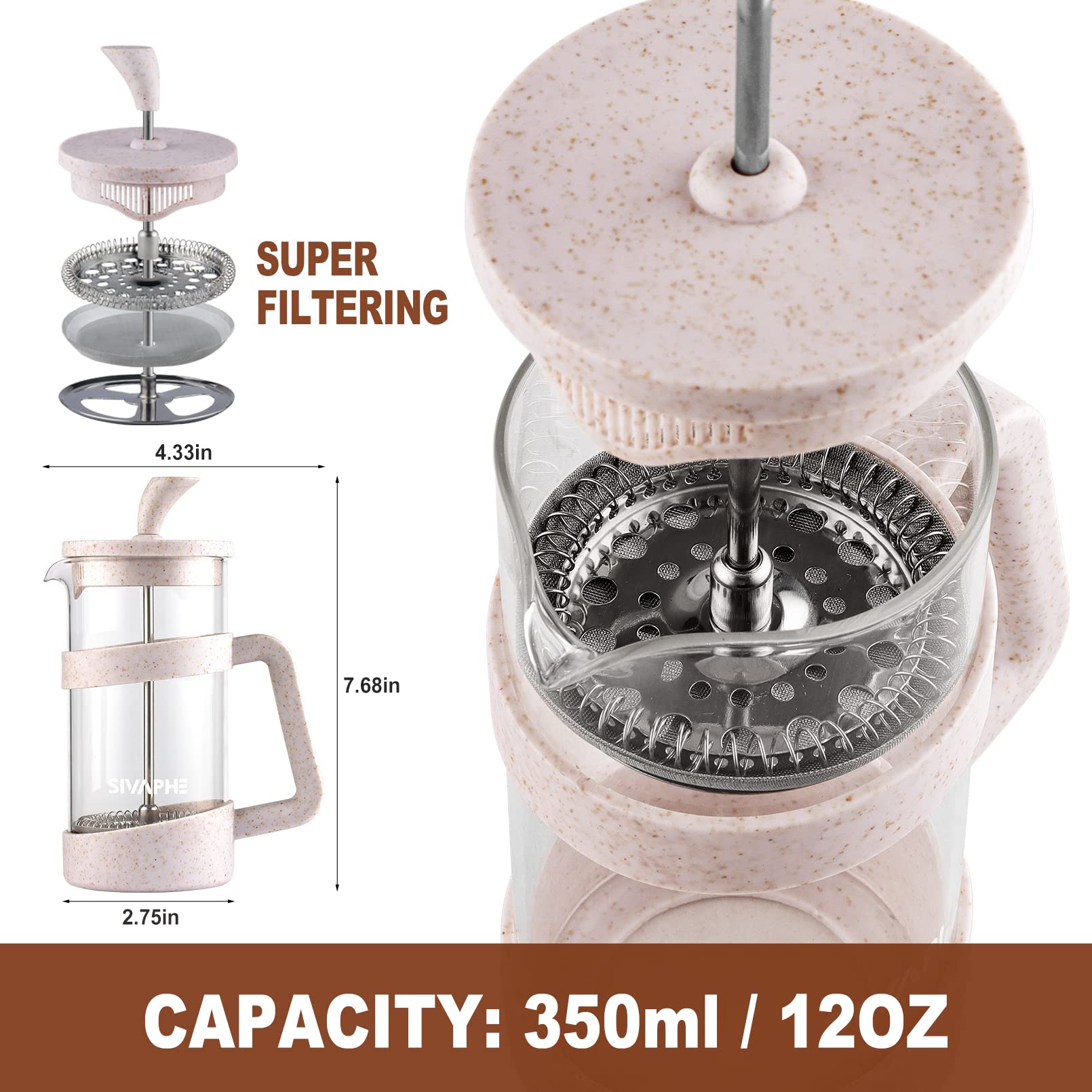 Sivaphe Small French Press 12 Fl.Oz Light-Weight Durable High Borosilicate Carafe With Stainless Steel Filter 0.35L Coffee Maker