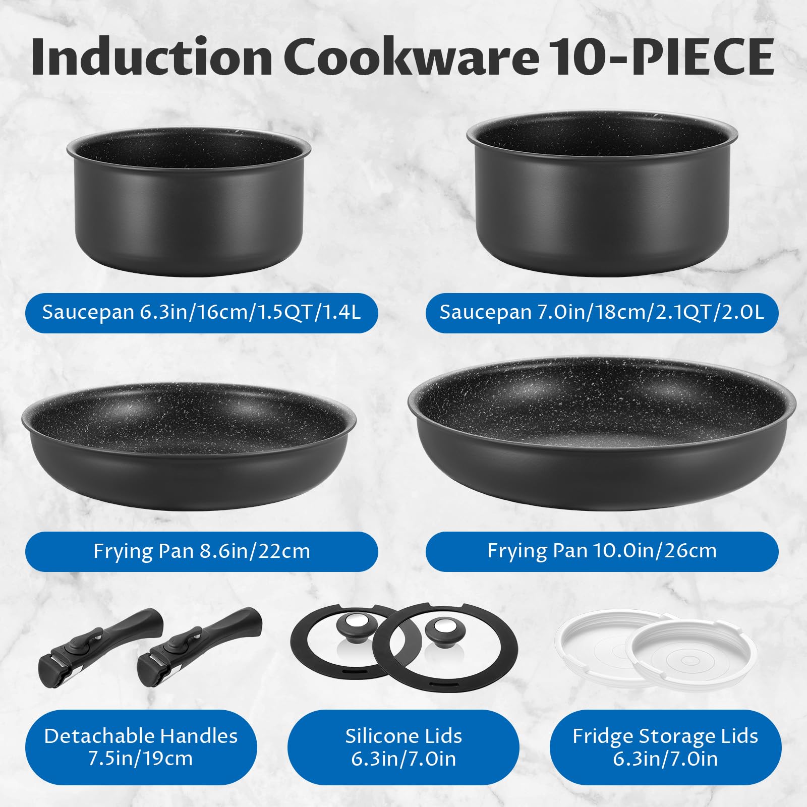 Induction Cookware Set 10 Pieces, Nonstick Pots and Pans Set with Detachable Handles, for All Hobs, Stackable Design, Dishwasher
