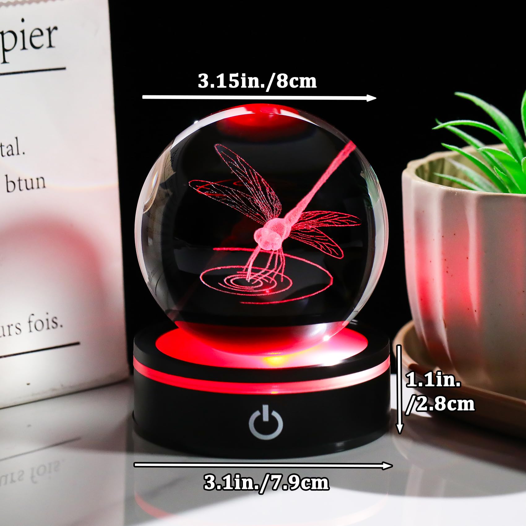 YWHL Crystal Ball 3D Dragonfly Figurine with LED Base, Dragonfly Gifts for Men Women on Christmas Birthday, Glass Animals Insect